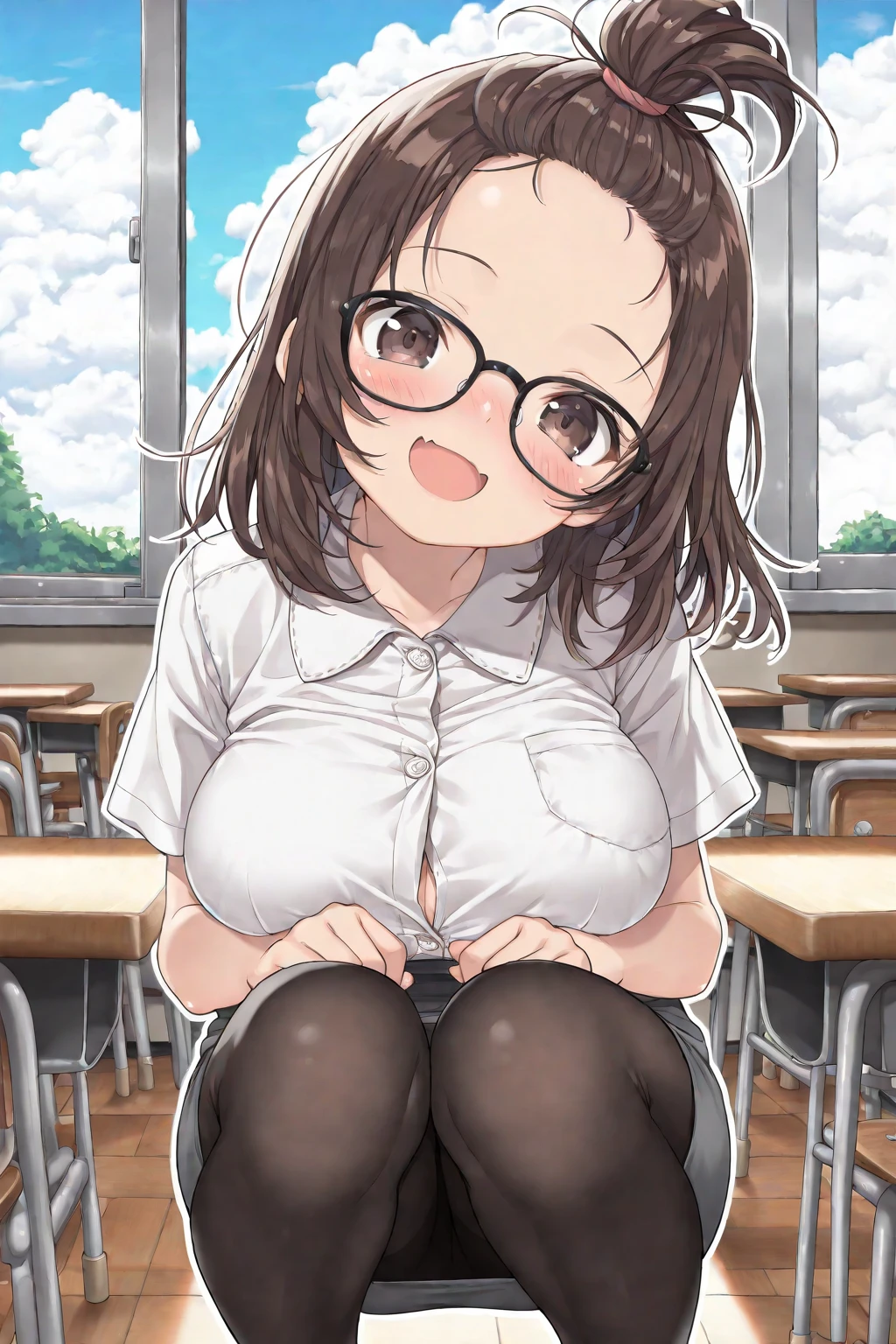 NSFW, (masterpiece, top quality, best quality, highly detailed:1.6), extremely detailed CG unity 8k wallpaper, (full body), wide shot, long shot, (Open your knees, Lift up the hem of the skirt with both hands, Show your panty:4), (crotch, pussy, urethra), (lite blue striped pattern panties:2.5), (Peeing with panties on, Pee stains spreading on panties, pee running down legs:2), (standing:2.5), (((Lift up the skirt high, Peeing with panty on))), Pee excreted with force, Urine that is discharged from the urethra in a parabolic arc, strong facial expression, (sharp eye:1.2), (scowl:1.1), (embarrassed, blush:1.3), (steam:1.9), (wet:1.2), (sweat:1.1), (trembling:1.3), (open mouth, wavy mouth:1.4), (clenched teeth:1.7), (closed eyes:1.5), (feeling weak:1.5), (shoot from front, looking at viewer:1.2), (school uniform, pastel colors cardigan:2), (high school hallway, Corridor), (Windows overlooking school garden), woman, indoor, High socks, Loafers, (long hair, dark brown hair, ponytail:1.5), (glasses:1.8), (woman trembling with sexual climax:1.5), (Be incontinent:1.5), colorful, perfect composition, urination, incontinence, piss, peeing self, (((pee stream))), (pee puddle), wetting herself, pee stain, large breasts, Yellow pee, ((leaking pee)), puddle of pee, Pee at your feet, Pee spread on the floor, Pee stains, Dripping pee between my legs, Feet wet from pee, Pee-covered feet, Pee at your feet, want to pee, about to pee, Full bladder, Pee-soaked skirt, Pee-soaked Loafers and socks, natural makeup,
