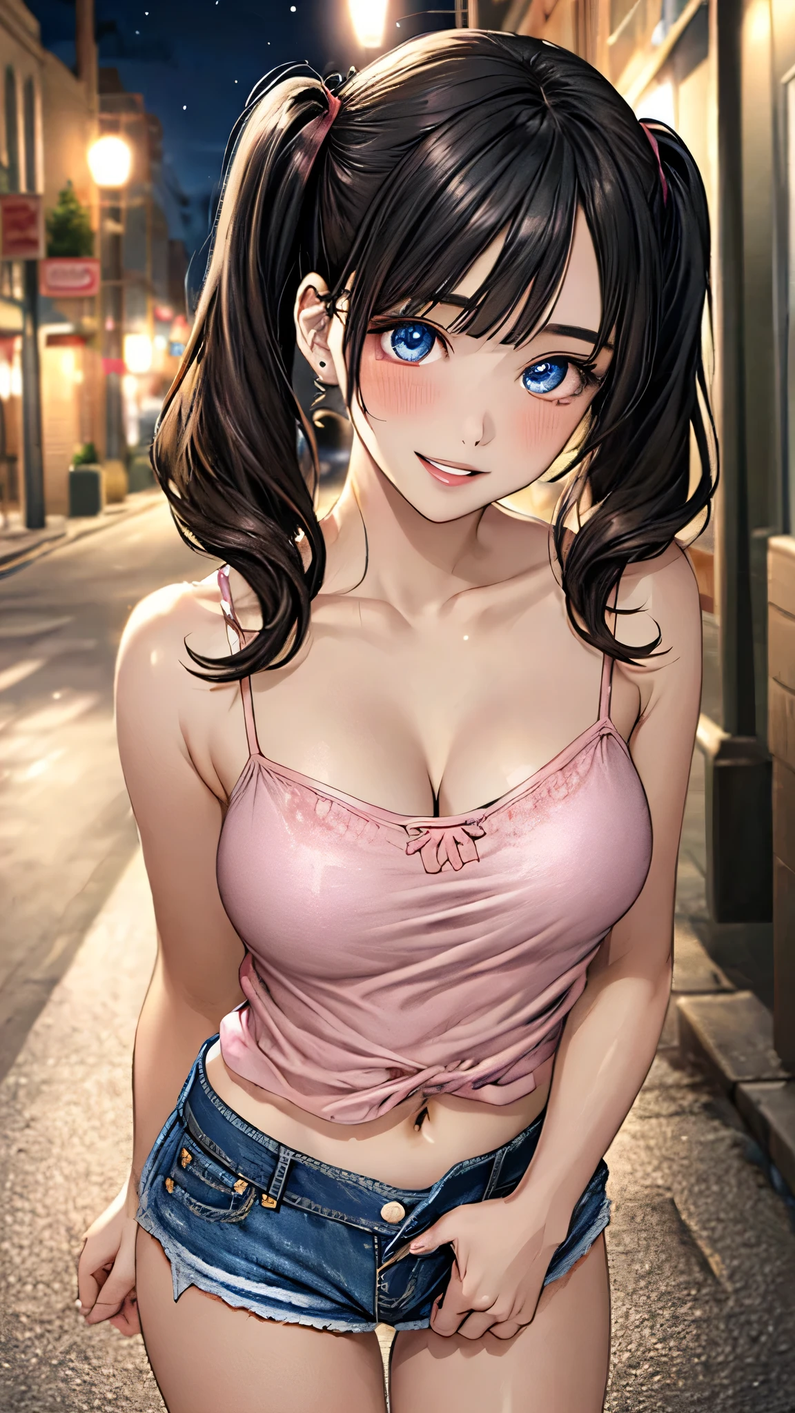 girl in summer clothes, casual dress, making as if she wants to kiss you, (girl bending down looking at camera), medium breasts, cleavage, random background, flirtatious look, ((very detailed)), (perfectly detailed face), (well detailed hand) photorealistic image.