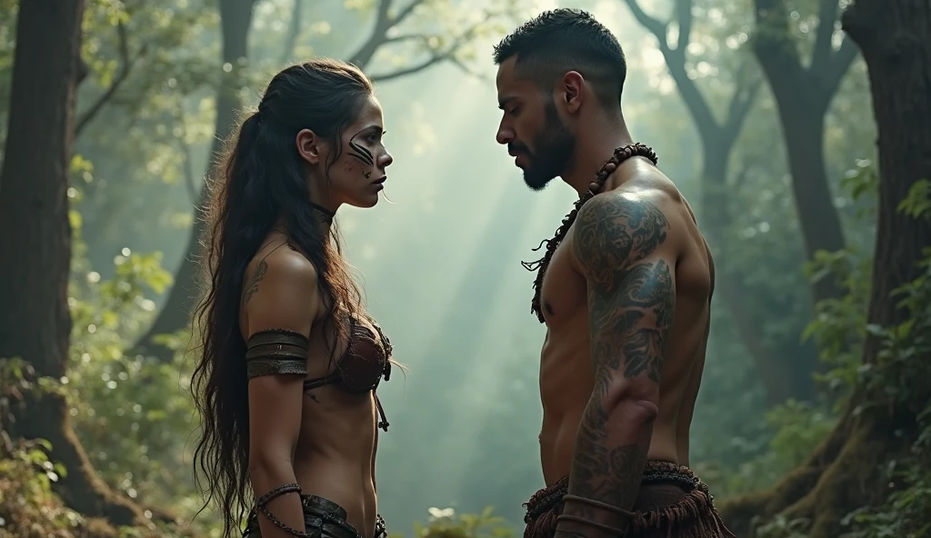 Sacred rebels, an extremely attractive couple. Dark bearded man, a shaman. Blonde extremely sexy woman, huge fake breasts. Side by side, facing the camera.