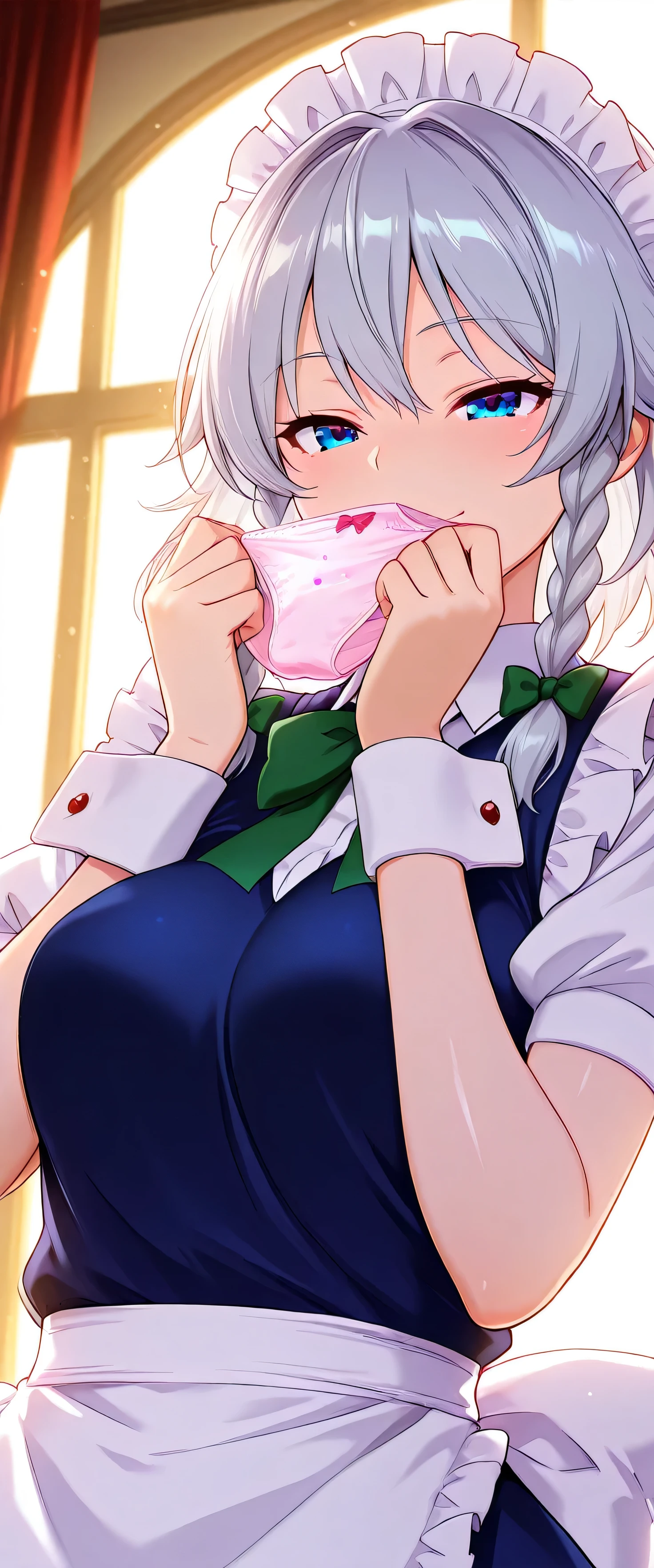 (beautiful girl: 1.3),masterpiece,Ultra-high resolution,Rich contrast,Very high quality,8k,Highly detailed CG unit wallpaper,Texture,So ridiculous,RAW Photos,Depth of written boundary 1.2,ultra-detailed eyes,Glowing Skin,Glitter Effect,Beautiful glossy lips,izayoi sakuya, 1girl, solo, grey hair, blue eyes, short hair, side braids, twin braids, braid, breasts,hair bow, green bow, maid headdress, wrist cuffs, waist apron, white apron, back bow, white bow, white socks, black shoes, Circular Bokeh,(backlighting:1.2),kunka,Scarlet Devil Hall,pantyhat,panties on head,excitement,snort,smile,Eyes are hearts,(upper body:1.5),tilt your head