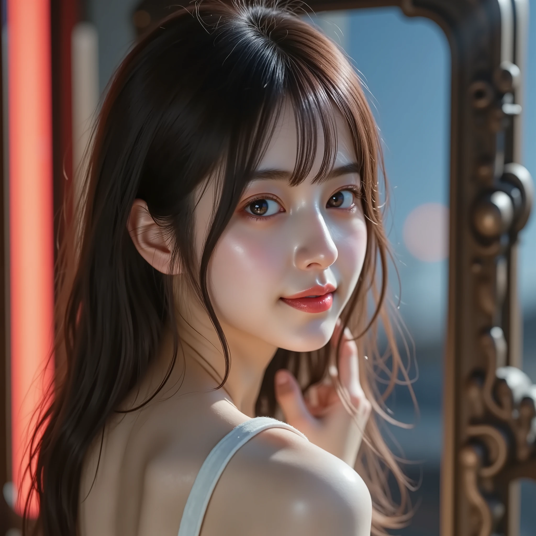 (she smiles at her own face in the mirror:1.10), (Surrealistic RAW photos:1.8), sakura, professional beauty portrait、capture top Japanese idol women wearing purple colored contact lenses, Ultra-clear focus、accurate and detailed depictions of hands and fingers based on human anatomy, Long brown straight hair, straight cut bangs that border the face, illuminated by dramatic sidelights combining red and blue gel lights, hands with elaborate nail art、is placed around her face in an artistic pose. makeup is a shiny red lipstick, and、The portrait has a bright room in the background, with a shallow depth of field、emphasizes the subject's characteristic eyes、the edges of the frame are softly blurry,