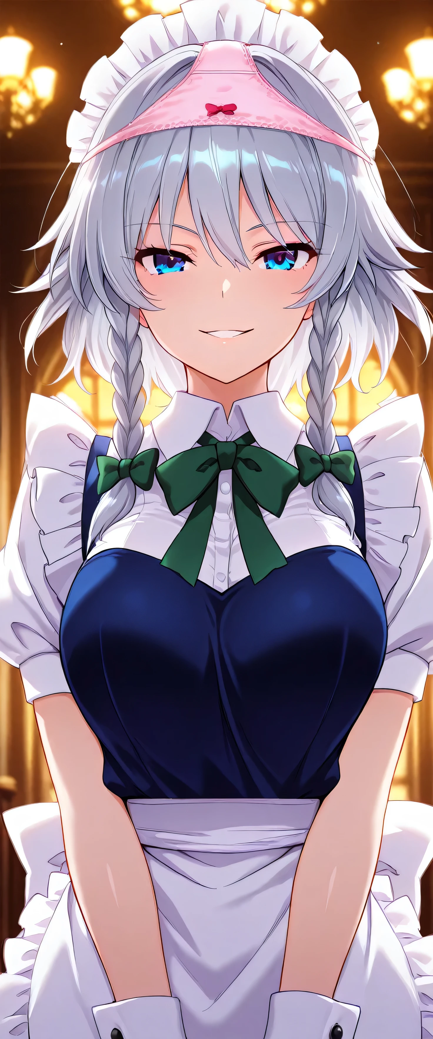(beautiful girl: 1.3),masterpiece,Ultra-high resolution,Rich contrast,Very high quality,8k,Highly detailed CG unit wallpaper,Texture,So ridiculous,RAW Photos,Depth of written boundary 1.2,ultra-detailed eyes,Glowing Skin,Glitter Effect,Beautiful glossy lips,izayoi sakuya, 1girl, solo, grey hair, blue eyes, short hair, side braids, twin braids, braid, breasts,hair bow, green bow, maid headdress, wrist cuffs, waist apron, white apron, back bow, white bow, white socks, black shoes, Circular Bokeh,(backlighting:1.2),kunka,Scarlet Devil Hall,pantyhat,panties on head,excitement,snort,evil smile,Eyes are hearts,(upper body:1.5)