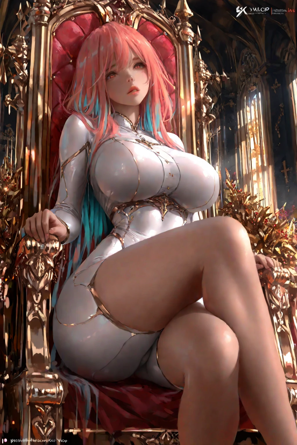 1 confident woman with floor-length pink hair, huge and big breasts, Futuristic royal costume in white with black and gold details, tall woman, blue detailed eyes, sitting on the throne of skulls , judgmental look, golden metal skulls, sovereign pose, cyberpunk queen