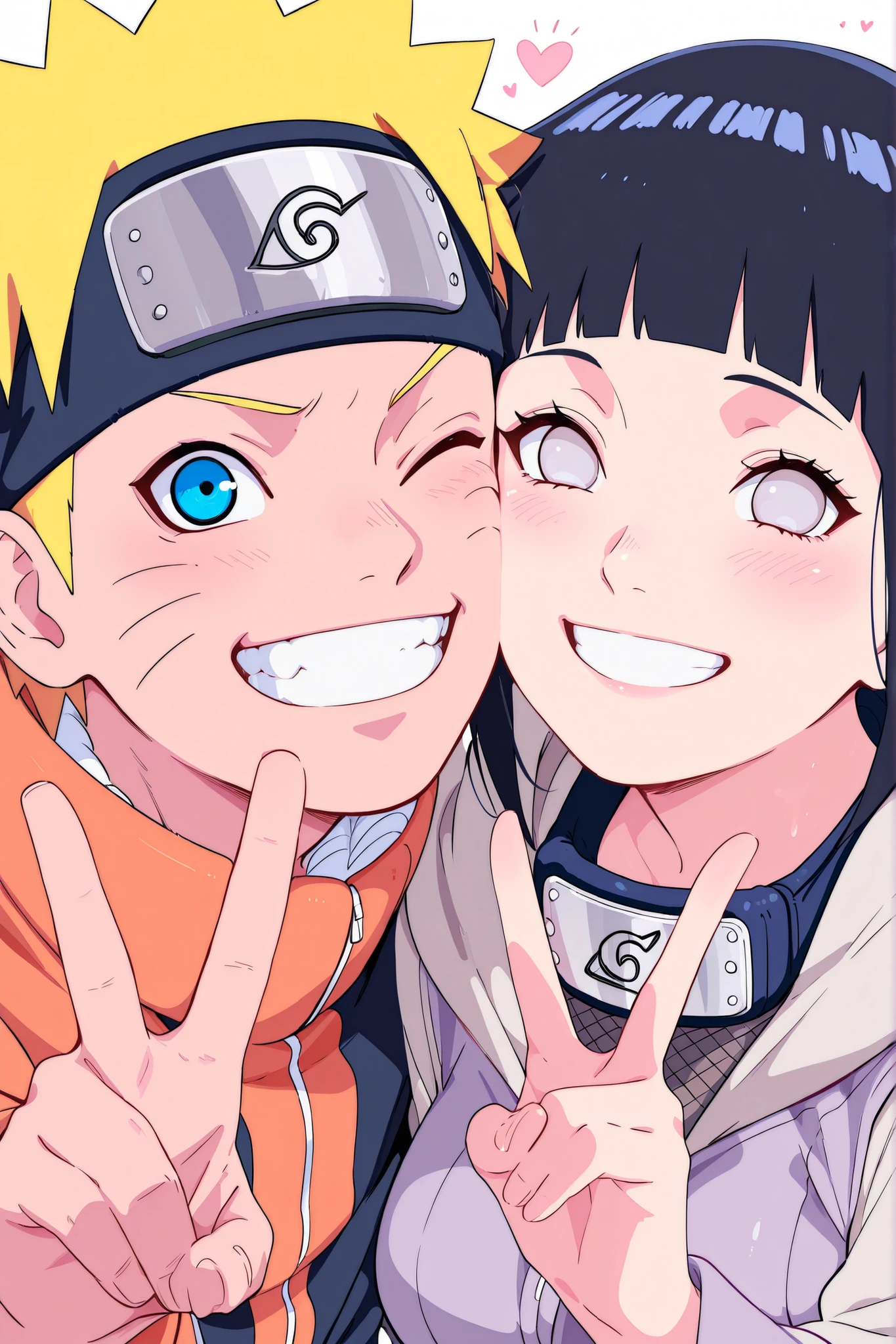 1 girl, 1 boy, couple, Face to face , uzumaki Naruto_(Naruto_Shippuden),, Hinata_Hinata_(Naruto_Shippuden) , upper body, V, Minimalist coloring, Smile, teeth, bright background, masterpiece after sex, best quality, Very aesthetic