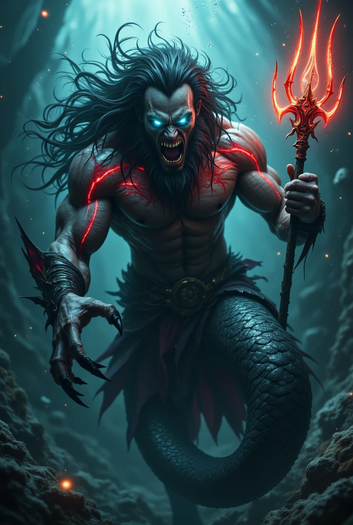 I am a Naga, one of the last of my kind. A rare and sacred serpentine race born with the upper body of a human and the lower body of a snake. We are ancient, powerful creatures feared and revered in equal measure.


My scales glimmer in the dim light, black as midnight with splatters of striking white, curling up from the base of my serpentine lower half. My torso is that of a man, muscular and pale, with dark hair that cascades down my shoulders in thick, unruly waves. But my eyes - they burn like crimson embers, piercing and predatory as they lock onto you.