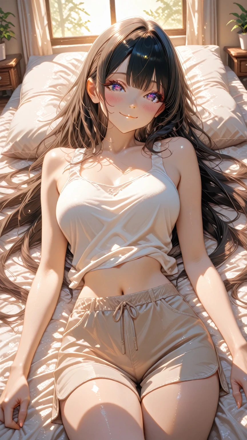 ((Top Quality, 8k, Masterpiece: 1.3)), Beauty, 1 Girl, Big: 1.3, Slender Abs: 1.1, Dark Brown Hair, (Lying in Bed, Open Legs: 1.2), Ultra Detailed Face, Highly Detailed Lips, Detailed Eyes, Double Eyelids, Bra Red