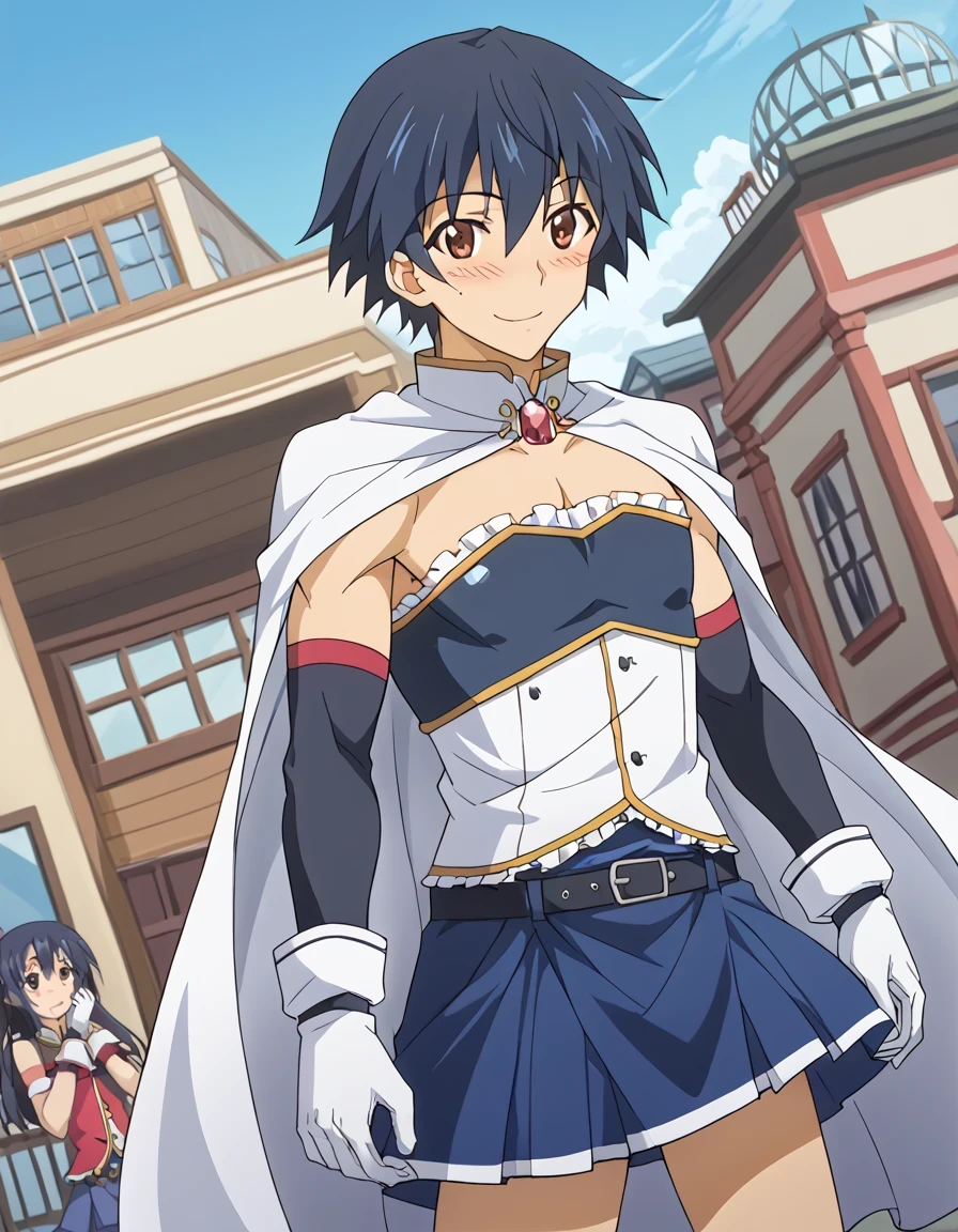 score 9 、score 8 up、score 7 up、source anime、anime coloring、傑作、best quality、best image quality、best resolution、anime coloring、anime screencap、anime screenshot、1man、ichika orimura、<lora:ichika-orimura-s2-ponyxl-lora-nochekaiser:1>、ichika orimura、solo、black hair、short hair、brown eyes、<lora:miki-sayaka-cosplay-ponyxl-lora-nochekaiser:1>、miki sayaka cosplay、miki sayaka (cosplay)、crossdressing、belt、black sleeves、blue skirt、white cape、biceps、biceps short head、biceps long head、triceps、triceps medial head、triceps lateral head、triceps long head、brachioradialis、deltoids、anterior deltoids、middle deltoids、posterior deltoids、cosplay、white gloves、gem、sleeveless dress、 streets、outdoors、smile、blush、 male focus、cowboy shot、looking at viewer、dutch angle、