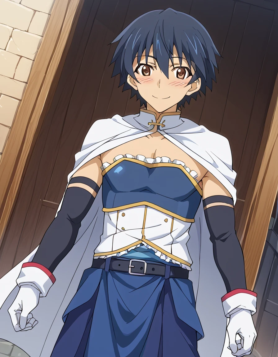 score 9 、score 8 up、score 7 up、source anime、anime coloring、傑作、best quality、best image quality、best resolution、anime coloring、anime screencap、anime screenshot、1man、ichika orimura、<lora:ichika-orimura-s2-ponyxl-lora-nochekaiser:1>、ichika orimura、solo、black hair、short hair、brown eyes、<lora:miki-sayaka-cosplay-ponyxl-lora-nochekaiser:1>、miki sayaka cosplay、miki sayaka (cosplay)、crossdressing、belt、black sleeves、blue skirt、white cape、biceps、biceps short head、biceps long head、triceps、triceps medial head、triceps lateral head、triceps long head、brachioradialis、deltoids、anterior deltoids、middle deltoids、posterior deltoids、cosplay、white gloves、gem、sleeveless dress、 streets、outdoors、smile、blush、 male focus、cowboy shot、looking at viewer、dutch angle、