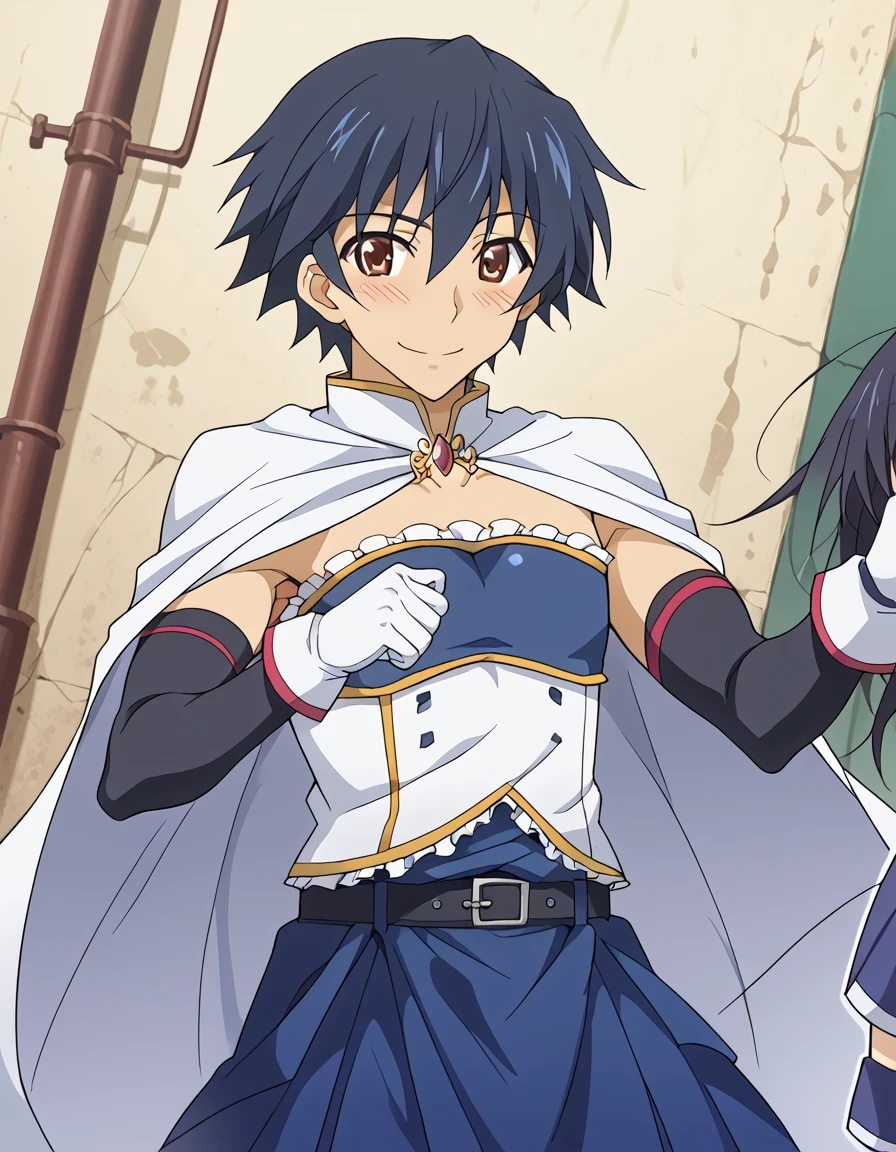 score 9 、score 8 up、score 7 up、source anime、anime coloring、傑作、best quality、best image quality、best resolution、anime coloring、anime screencap、anime screenshot、1man、ichika orimura、<lora:ichika-orimura-s2-ponyxl-lora-nochekaiser:1>、ichika orimura、solo、black hair、short hair、brown eyes、<lora:miki-sayaka-cosplay-ponyxl-lora-nochekaiser:1>、miki sayaka cosplay、miki sayaka (cosplay)、crossdressing、belt、black sleeves、blue skirt、white cape、biceps、biceps short head、biceps long head、triceps、triceps medial head、triceps lateral head、triceps long head、brachioradialis、deltoids、anterior deltoids、middle deltoids、posterior deltoids、cosplay、white gloves、gem、sleeveless dress、 streets、outdoors、smile、blush、 male focus、cowboy shot、looking at viewer、dutch angle、