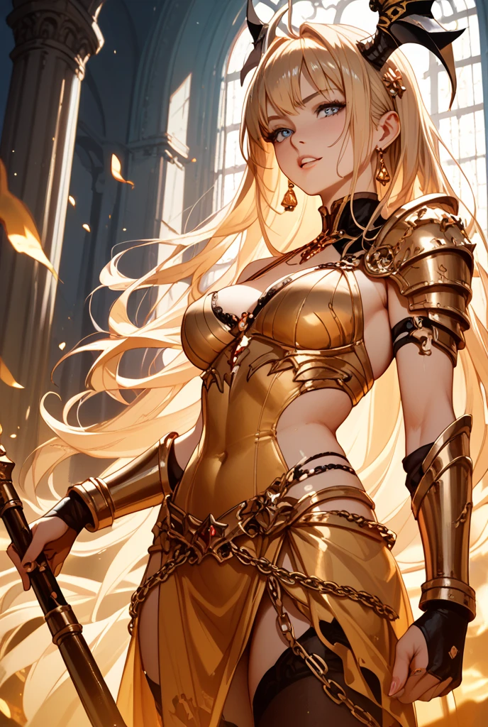 1lady,solo,cool,golden elegant dress,big breast,cleavage,she holding a sword,brilliant sword,flame effect,flame background,