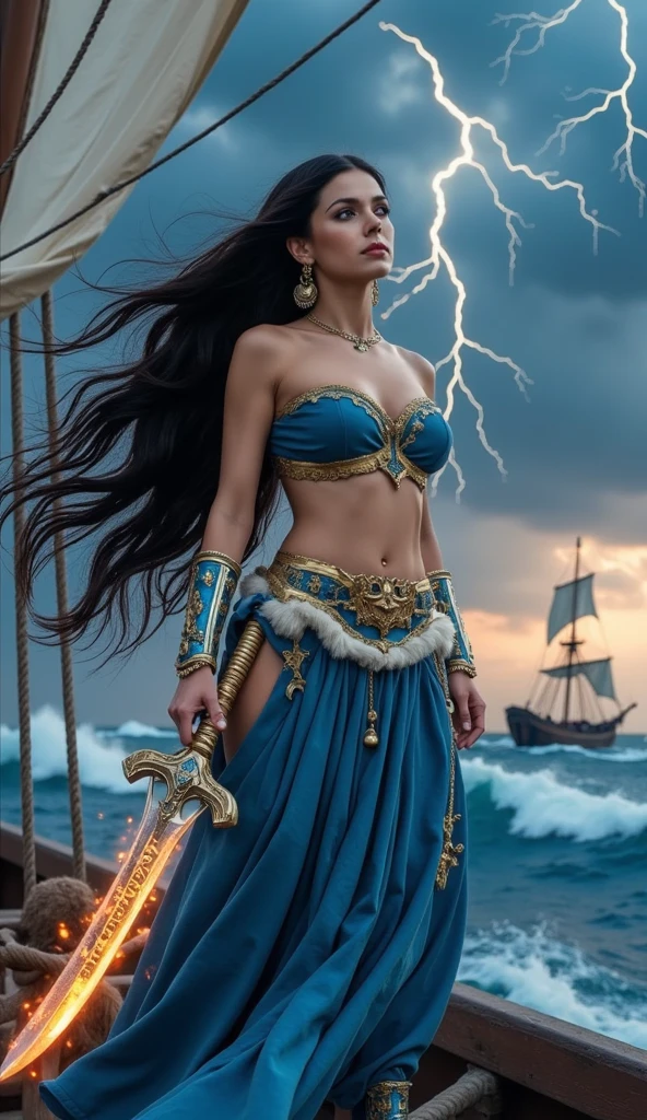1girl, ((slim)) tall pirate sexywoman, thin waist, 18 years old, ((ornate ((steel)) breastplate armor)), average breasts. (((cleavage))), ((((very long blue skirt)))), ((headband)), ((gorgeous slim face)), ((Brown hairs)), ((long straight flowing hairs)), sea, on a boat, detailled serious eyes, soft lighting