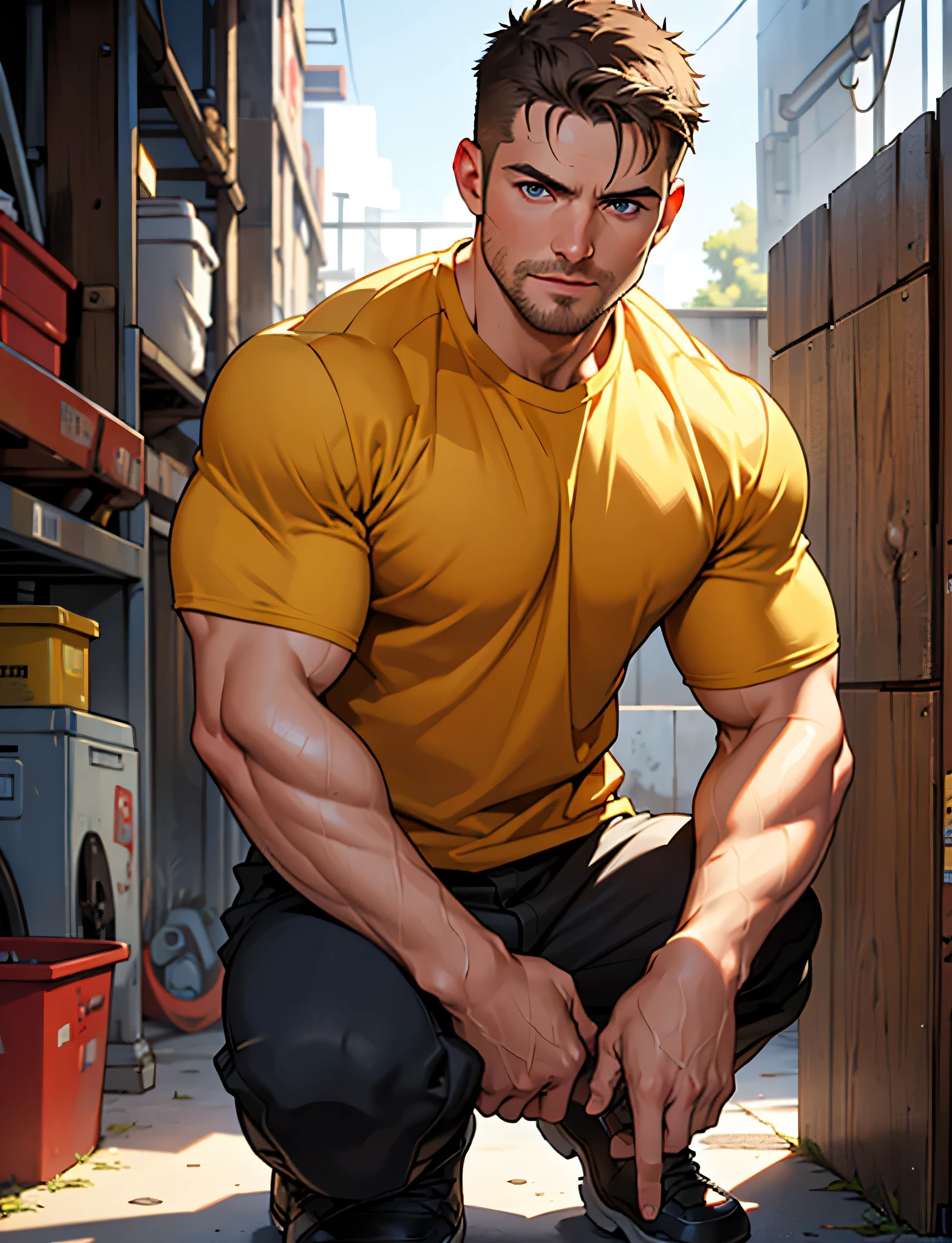 masterpiece, best quality face, natural eyes,mature man, muscled and mature, stephen amell as a mechanic man, sweating, full body