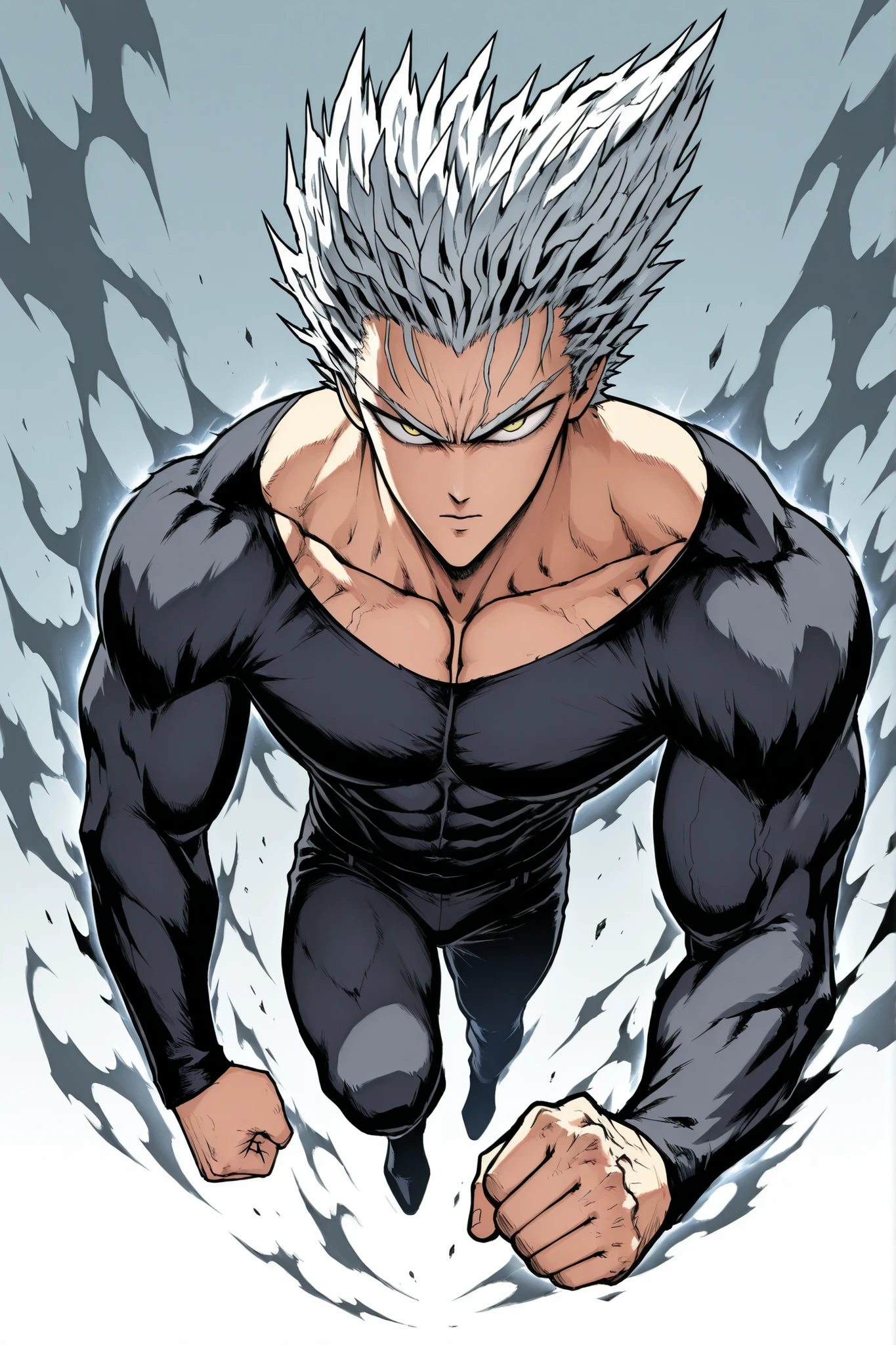 One Punch Man [Garou] illustration,Silver Hair,Silver eyebrows,yellow eyes,full body,Original Style, guy,adult, clean background ,adult,Created based on a lean muscular body,Powerful posture