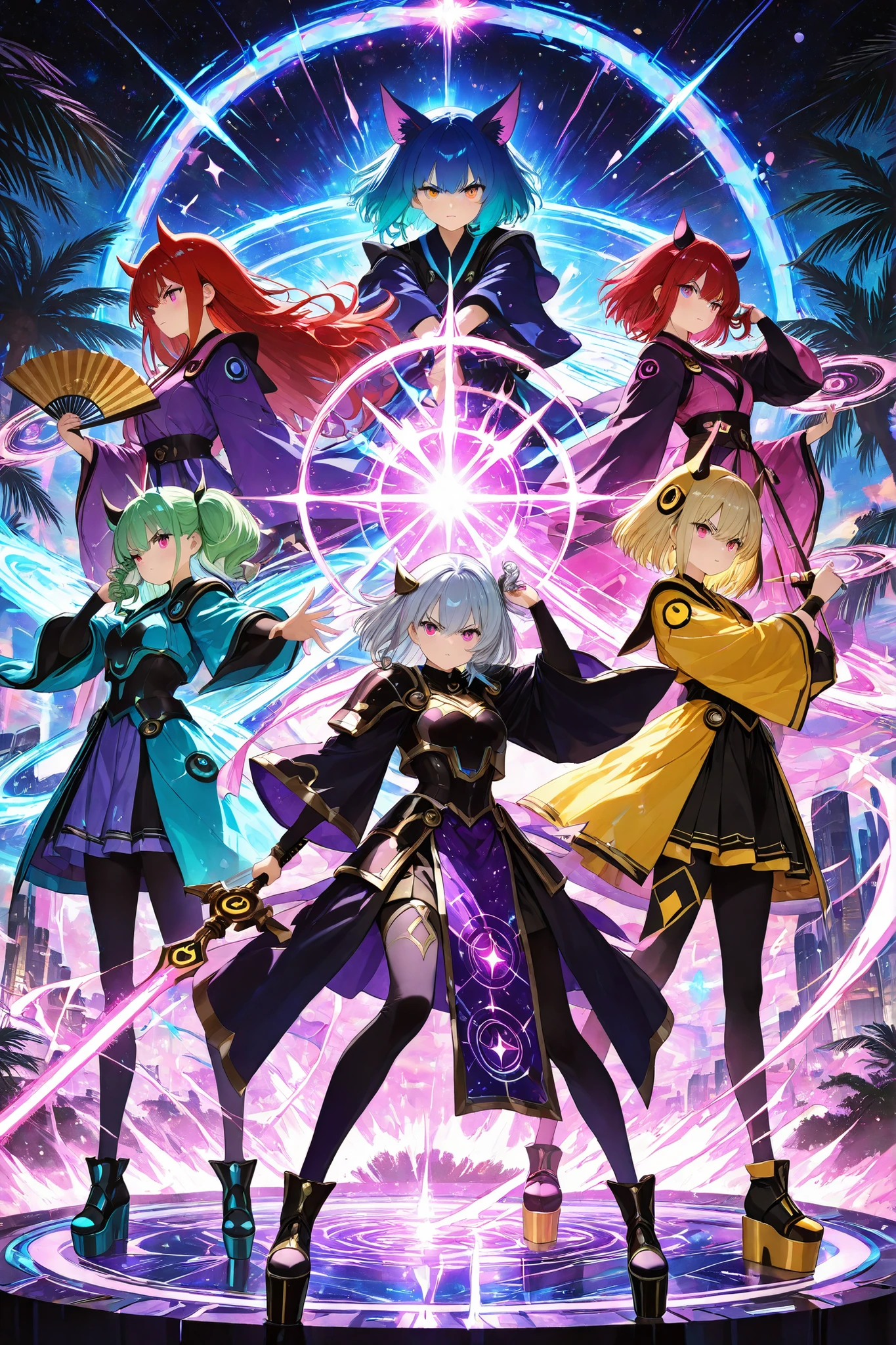 detailed background, detailed illustration, depth of field, mini background, gacha splash, masterpiece, best quality, ultra detailed, addmicrodetails, eyesHD, high gradient eyes, detailed eyes, high definition eyes, beautiful face, HD face, detailed face, ((colossal divine hand as central platform)), [Group composition: ((EXACTLY 5 completely different anime girls, each with unique design))], {First girl: red-haired tsundere in white battle armor, dual-wielding swords}, {Second girl: blue-haired quiet type in black witch robe, holding grimoire}, {Third girl: blonde energetic girl in pink magical idol outfit, holding staff}, {Fourth girl: silver-haired elegant type in purple kimono, holding fan}, {Fifth girl: green-haired tech specialist in futuristic bodysuit, with floating devices}, ((all girls floating at different heights above the giant palm)), ((distinct poses for each: battle stance, spell casting, twirling dance, elegant float, tech interface manipulation)), different hair lengths and styles, contrasting outfit colors, NO character repetition, clear group composition, magical energy streams connecting girls, summoning circles under each girl, cosmic space background 