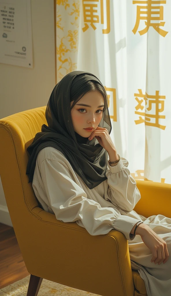 (1 girl), sitting on a chair in an office, ((wearing hijab, wearing shirt, wearing long pants)), shot from above