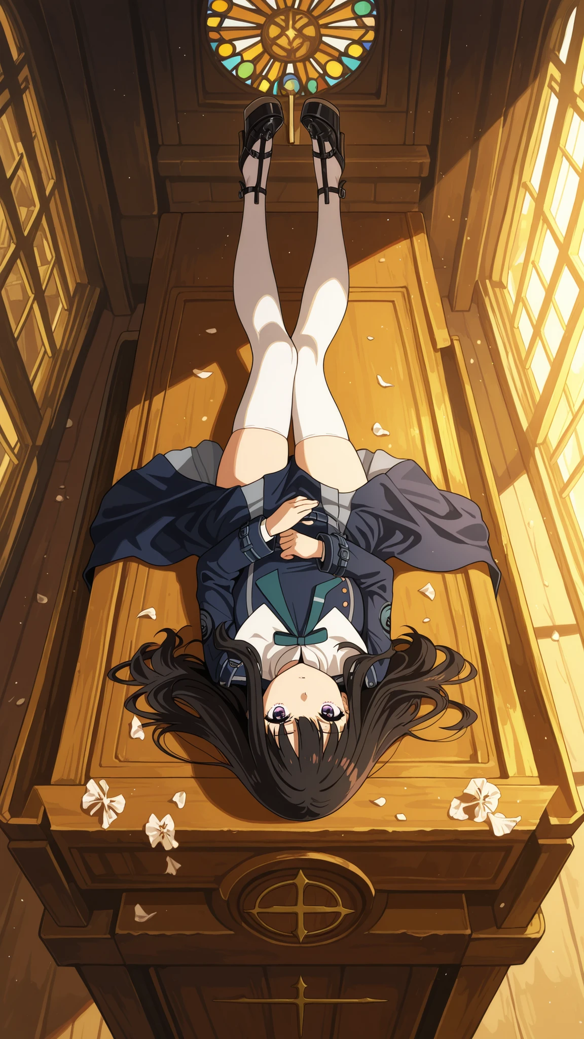 BREAK (masterpiece:1.2), best quality, high resolution, unity 8k wallpaper, (illustration:0.8),quiet rustic wooden church interior, no humans, sunbeams through small windows, warm golden light, empty wooden pews, simple altar with dried flowers, dusty air glowing, nostalgic atmosphere of peace and solitude,inoue takina, long hair, bangs, black hair, purple eyes,,nun uniform,cleavege,white thighhighs,looking at viewer,cowboy shot,wide-angel,seductive pose,lying on altar,platform heels,lying on back,from above