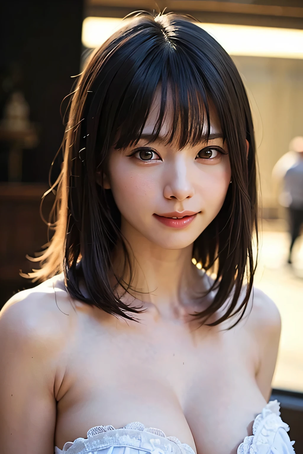 Beautiful woman,Japanese,swept bangs,bob hair,Black hair,Look at me,good smile,in street,sexy shoot,take a close-up face,topless,NSFW,masterpiece,best quality,ultra detailed