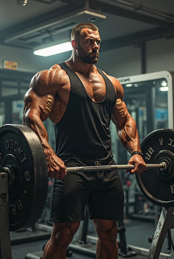 A determined bodybuilder lifts weights in a sunlit gym, surrounded by stacks of cash, symbolizing hard work and financial success.