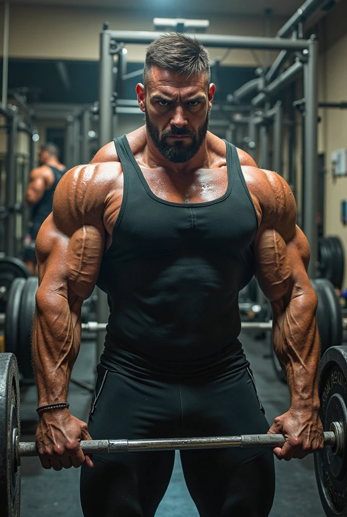 A standing bodybuilder showing his huge thights in a gym ambient
