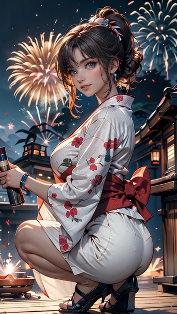 1girl in, surrealism, Cubist Futurism, pop-art, Verism, Motion Blur, spark of light, depth of fields, Backlighting, nffsw, Anatomically correct, Textured skin, awardwinning, 8K, masuter piece,1 girl in、独奏、A detailed face、(Beautiful see-through yukata)、(A short yukata with visible thighs)、delicate patterns、beautiful neck、A smile、no-bra、Cowboy Shot、sparklers、the complex background、Night Downtown、natta、(ighly detailed:1.2)、sparklers:1.3、Night fun、Happiness、Bright atmosphere、spark of light、discharge、Laser beam、A detailed face、