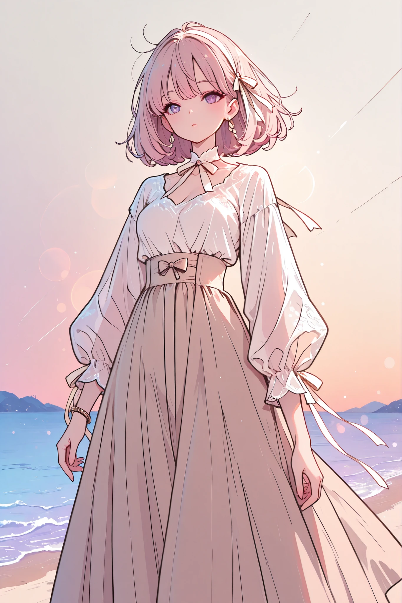 masterpiece, best quality, Olivia High Waist Cotton Flare Ribbon Long Skirt, Beige and White Creamy Ribbon Blouse, Soft Silhouette, elegant, feminine, classy, Natural Drape, Delicate Details, High fashion, Beautiful Color Combination, high resolution on the coast, subtle