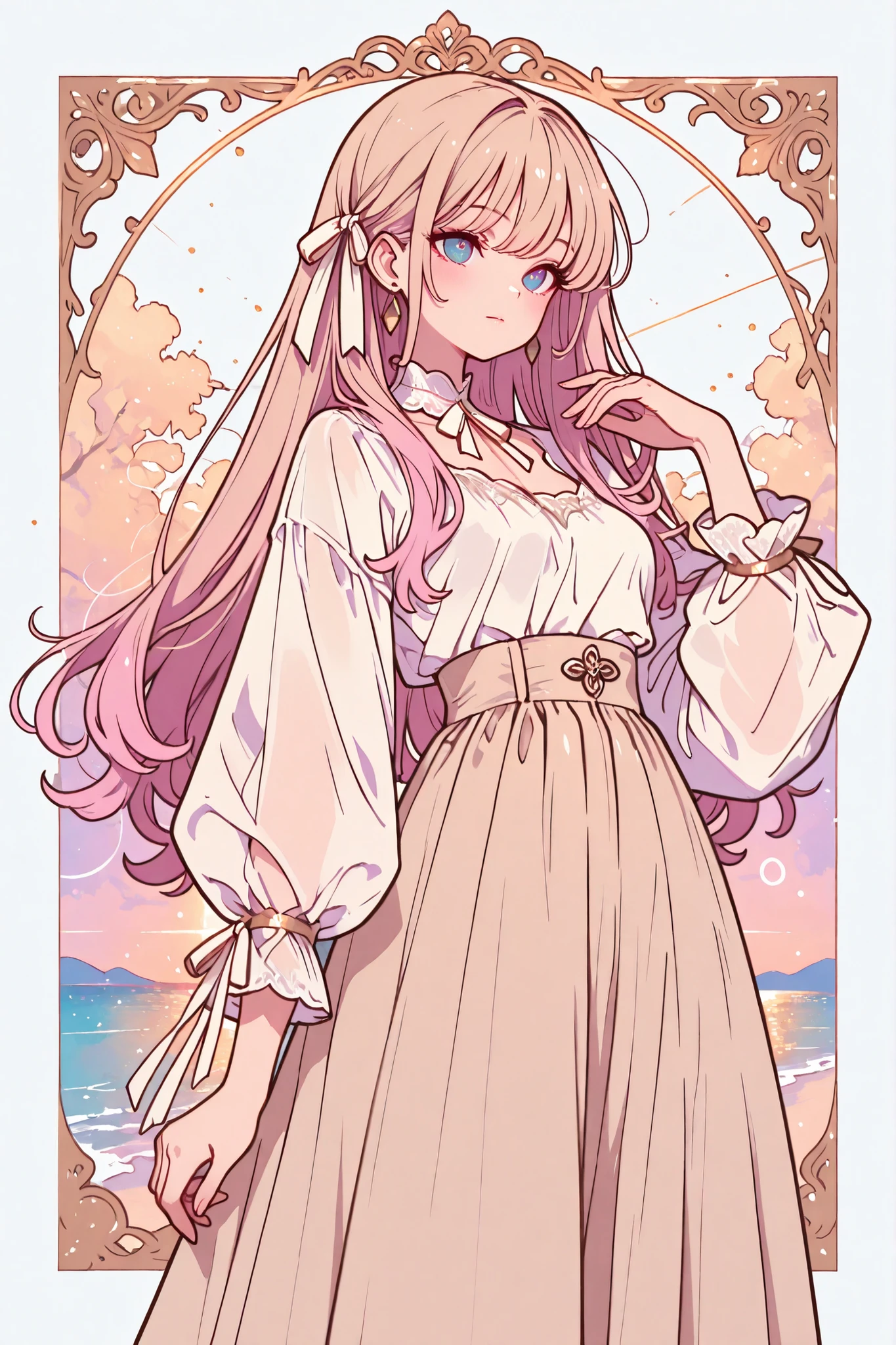 masterpiece, best quality, Olivia High Waist Cotton Flare Ribbon Long Skirt, Beige and White Creamy Ribbon Blouse, Soft Silhouette, elegant,  feminine, classy, Natural Drape, Delicate Details, High fashion, Beautiful Color Combination, high resolution on the coast, subtle