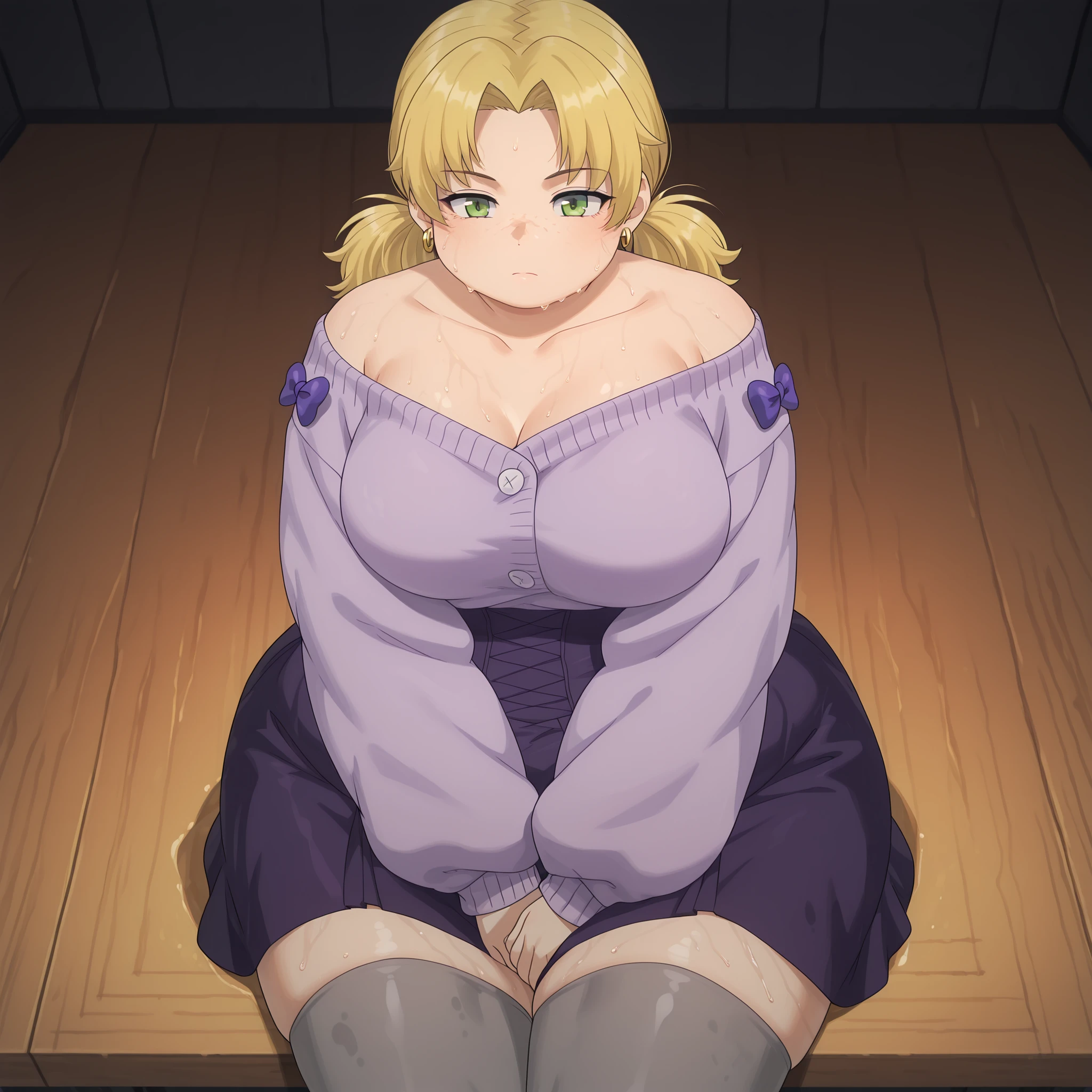 jamie,blonde hair,short hair, parted bangs, green eyes,freckles, medium breasts, anime screenshot,JamieCasualDress,low twintails,collarbone, hoop earrings,off-shoulder sweater,light purple sweater, purple bow, dark purple high-waist skirt,zettai ryouiki, grey thighhighs, mature female, medium breasts, round face, breasts, plump,,,, ,chubby cheeks,masterpiece, best quality, 1girl , wet body, sweating, stage,spot light,dark, fat, chubby, obese, gigantic arms and legs, large breasts expressionless,, sitting on the floor, v arms, from above, looking at viewer,