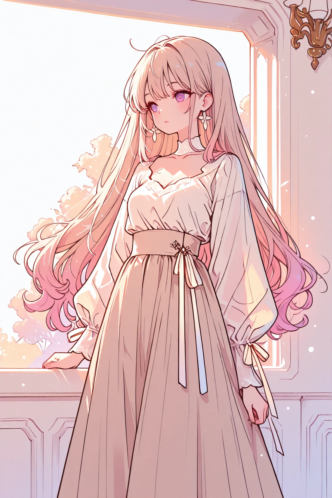 masterpiece, best quality, Olivia High Waist Cotton Flare Ribbon Long Skirt, Beige and White Creamy Ribbon Blouse, Soft Silhouette, elegant,  feminine, classy, Natural Drape, Delicate Details, High fashion, Beautiful Color Combination, high resolution on the coast, subtle