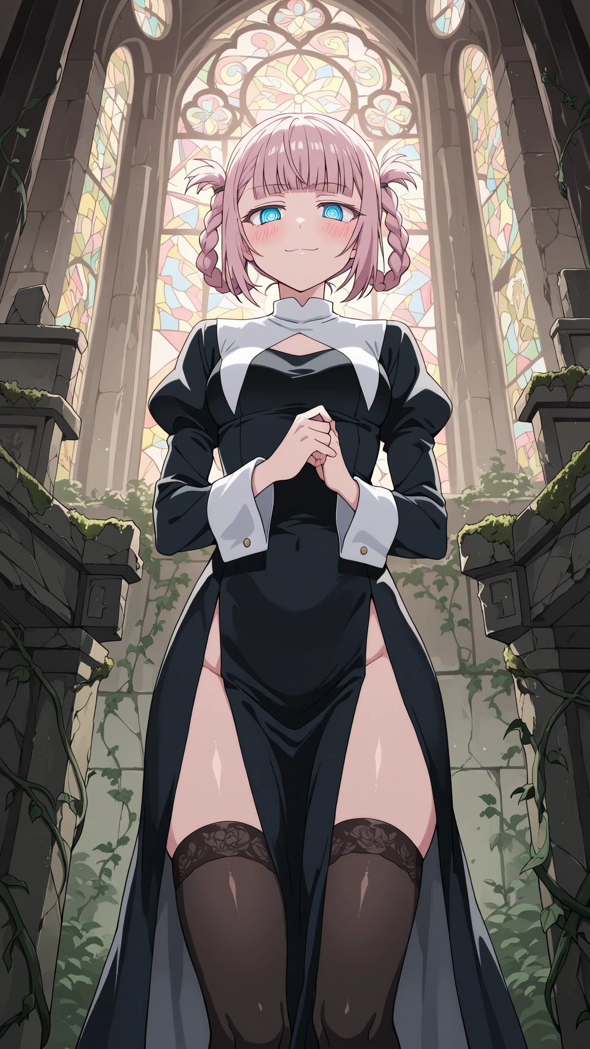 BREAK (masterpiece:1.2), best quality, high resolution, unity 8k wallpaper, (illustration:0.8), (beautiful detailed eyes:1.6),vabandoned church interior overtaken by nature, no humans, moss-covered wooden pews, vines growing through cracked stone walls, shattered stained glass scattering colored light, ancient altar in decay, quiet forgotten ruin, nature reclaiming sacred space,blush, expression,floating hair, nazuna nanakusa, short hair, bangs, blue eyes, pink hair, braid, blunt bangs, hair rings, ringed eyes,,nun uniform,black thighhighs,cleavege,сowboy shot,looking at viewer,serious face,seductive pose,standing in middle,smile
