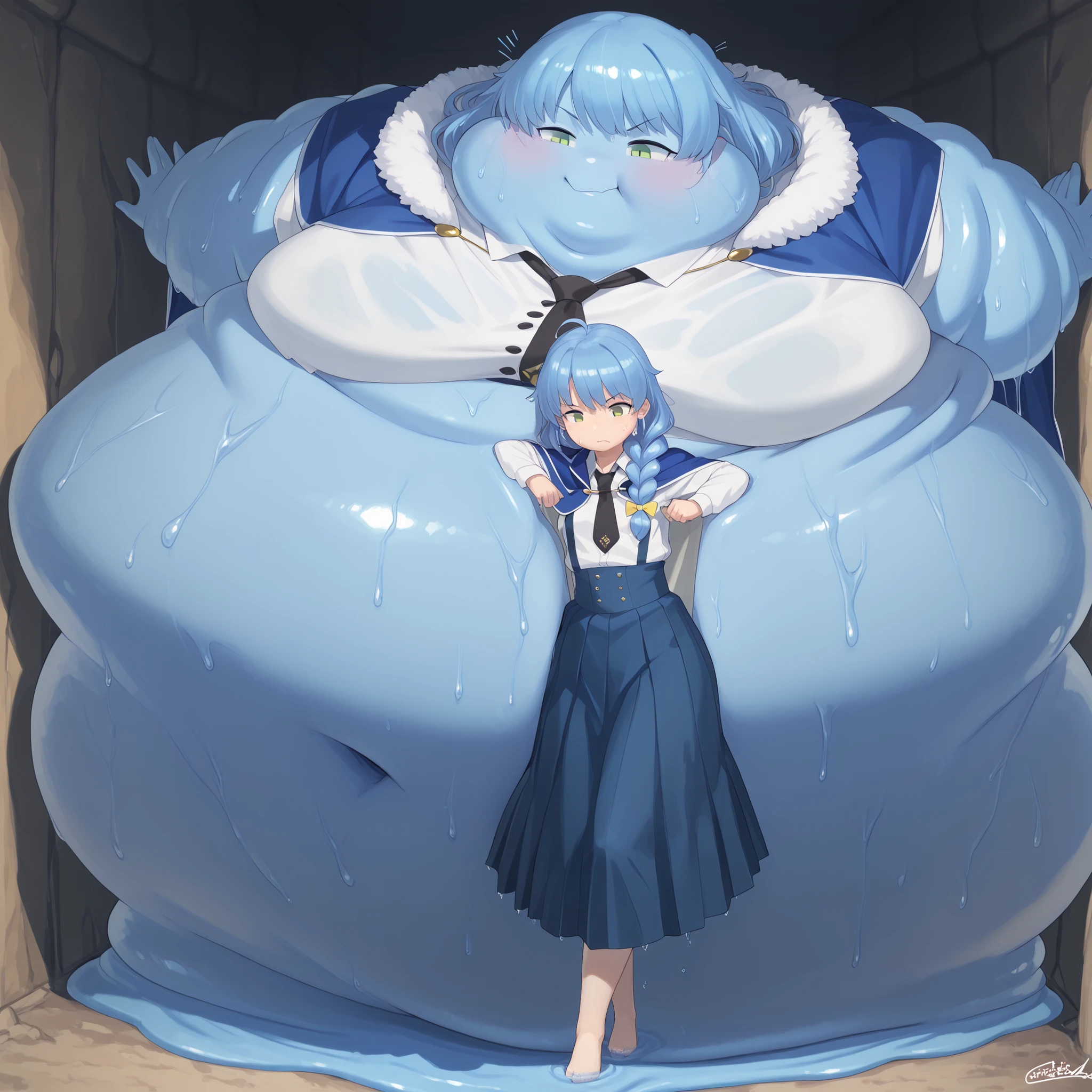 Becoming a slime, monster aparida rain, long hair, bangs, green eyes, blue hair, yellow eyes, braid, ahoge, hair bow, grey eyes, single braid, yellow bow, braided ponytail, mature female, small breasts, skirt, shirt, long sleeves, white shirt, pleated skirt, necktie, collared shirt, cape, blue skirt, fur trim, black necktie, high-waist skirt, suspender skirt, blue cape, fur-trimmed cape, blue skin, wet skin, shiny skin, mature female, small breasts, round face, breasts, plump,,,, ,chubby cheeks,masterpiece, best quality, , wet body, sweating, fat, chubby, obese, blob of fat, no humans, no arms, no legs