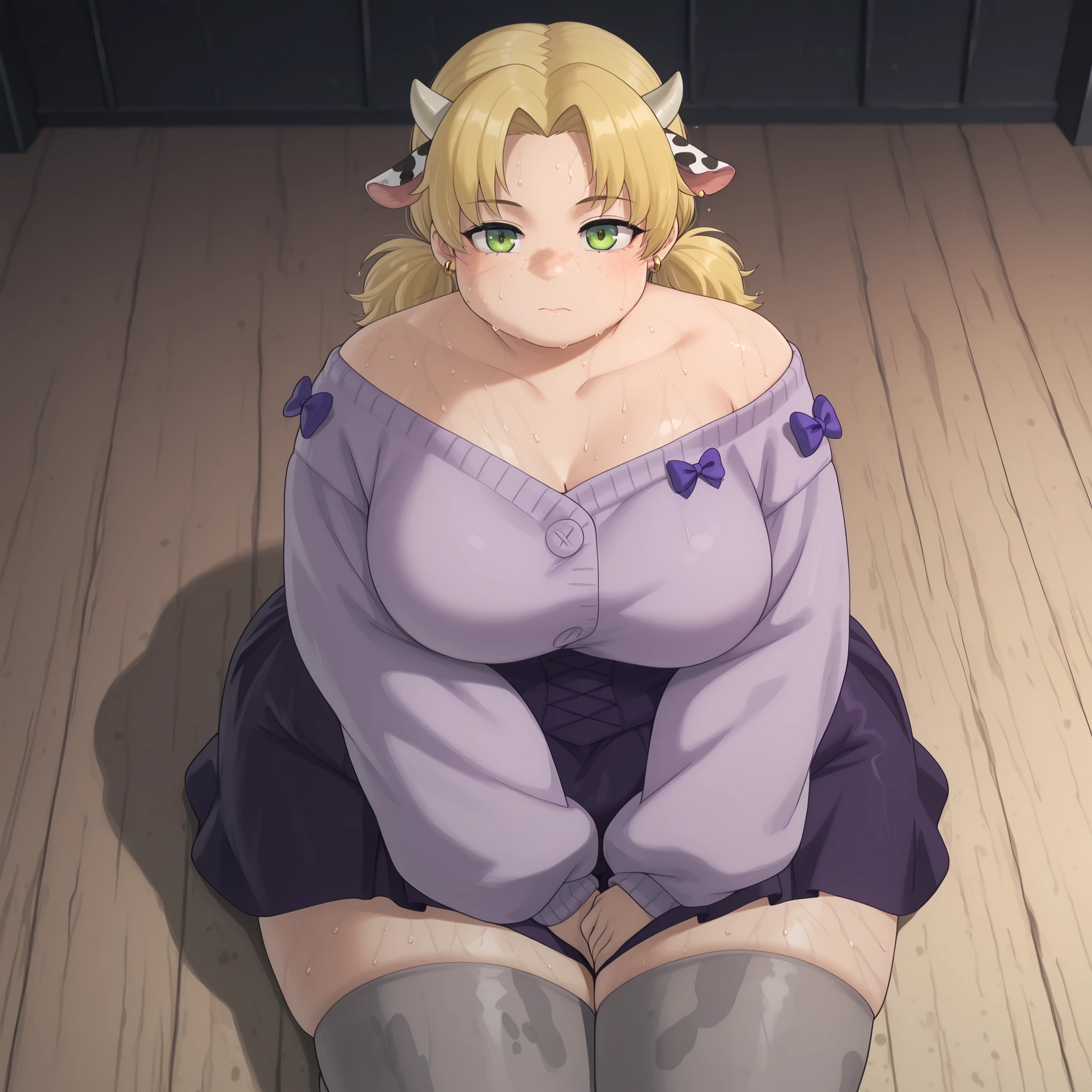 Turning into a cow, cow_girl, breasts, horns, cow ears, woman, cow features, cow tag, cow horns, huge breasts, bell, cow tail, cow print, cow nose, jamie,blonde hair,short hair, parted bangs, green eyes,freckles, anime screenshot,JamieCasualDress,low twintails,collarbone, hoop earrings,off-shoulder sweater,light purple sweater, purple bow, dark purple high-waist skirt,zettai ryouiki, grey thighhighs, mature female, medium breasts, round face, breasts, plump,,,, ,chubby cheeks,masterpiece, best quality, 1girl , wet body, sweating, stage,spot light,dark, fat, chubby, obese, gigantic arms and legs, large breasts expressionless,, sitting on the floor, v arms, from above, looking at viewer,