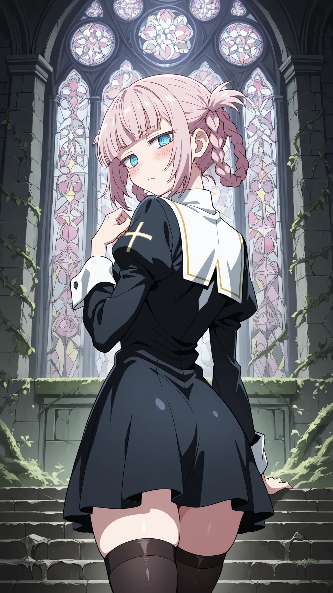 BREAK (masterpiece:1.2), best quality, high resolution, unity 8k wallpaper, (illustration:0.8), (beautiful detailed eyes:1.6),vabandoned church interior overtaken by nature, no humans, moss-covered wooden pews, vines growing through cracked stone walls, shattered stained glass scattering colored light, ancient altar in decay, quiet forgotten ruin, nature reclaiming sacred space,blush,  expression,floating hair, nazuna nanakusa, short hair, bangs, blue eyes, pink hair, braid, blunt bangs, hair rings, ringed eyes,,nun uniform,black thighhighs,cleavege,сowboy shot,looking at viewer,serious face,seductive pose,from behind,back photo