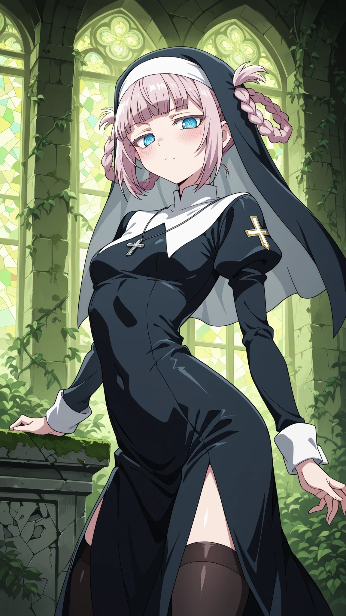 BREAK (masterpiece:1.2), best quality, high resolution, unity 8k wallpaper, (illustration:0.8), (beautiful detailed eyes:1.6),vabandoned church interior overtaken by nature, no humans, moss-covered wooden pews, vines growing through cracked stone walls, shattered stained glass scattering colored light, ancient altar in decay, quiet forgotten ruin, nature reclaiming sacred space,blush,  expression,floating hair, nazuna nanakusa, short hair, bangs, blue eyes, pink hair, braid, blunt bangs, hair rings, ringed eyes,,nun uniform,black thighhighs,cleavege,сowboy shot,looking at viewer,serious face,seductive pose,standing in middle,serious face,arched back