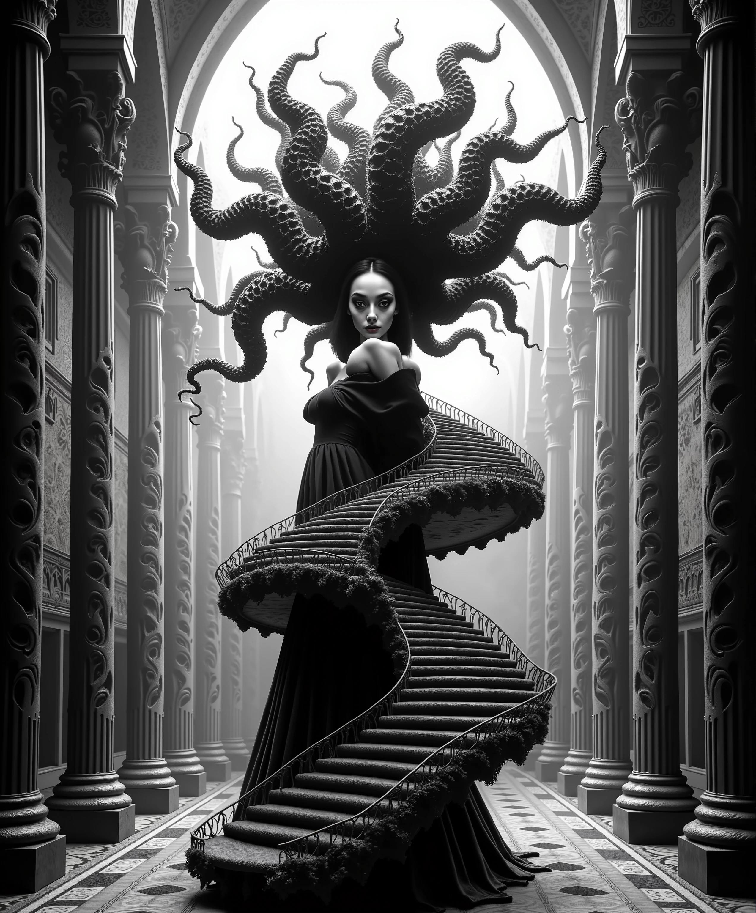 A haunting black and white portrait of an ethereal gothic woman emerging from impossible architecture, her form intertwined with MC Escher-like infinite staircases, skin transforming into crystalline geodesic structures, flowing hair composed of intricate mathematical patterns and Fibonacci spirals, surrounded by floating Gothic cathedral fragments that defy gravity, eyes reflecting hypercube dimensions, draped in clothing that morphs into architectural blueprints and sacred geometry, suspended in space amid towering art deco columns that spiral into infinity, tessellating patterns flowing through the scene like liquid metal, multiple vanishing points creating impossible perspectives, shot on large format camera, inspired by Piranesi and Zaha Hadid, extreme photorealistic detail, sharp contrast, volumetric light rays cutting through geometric shadows, 16K resolution