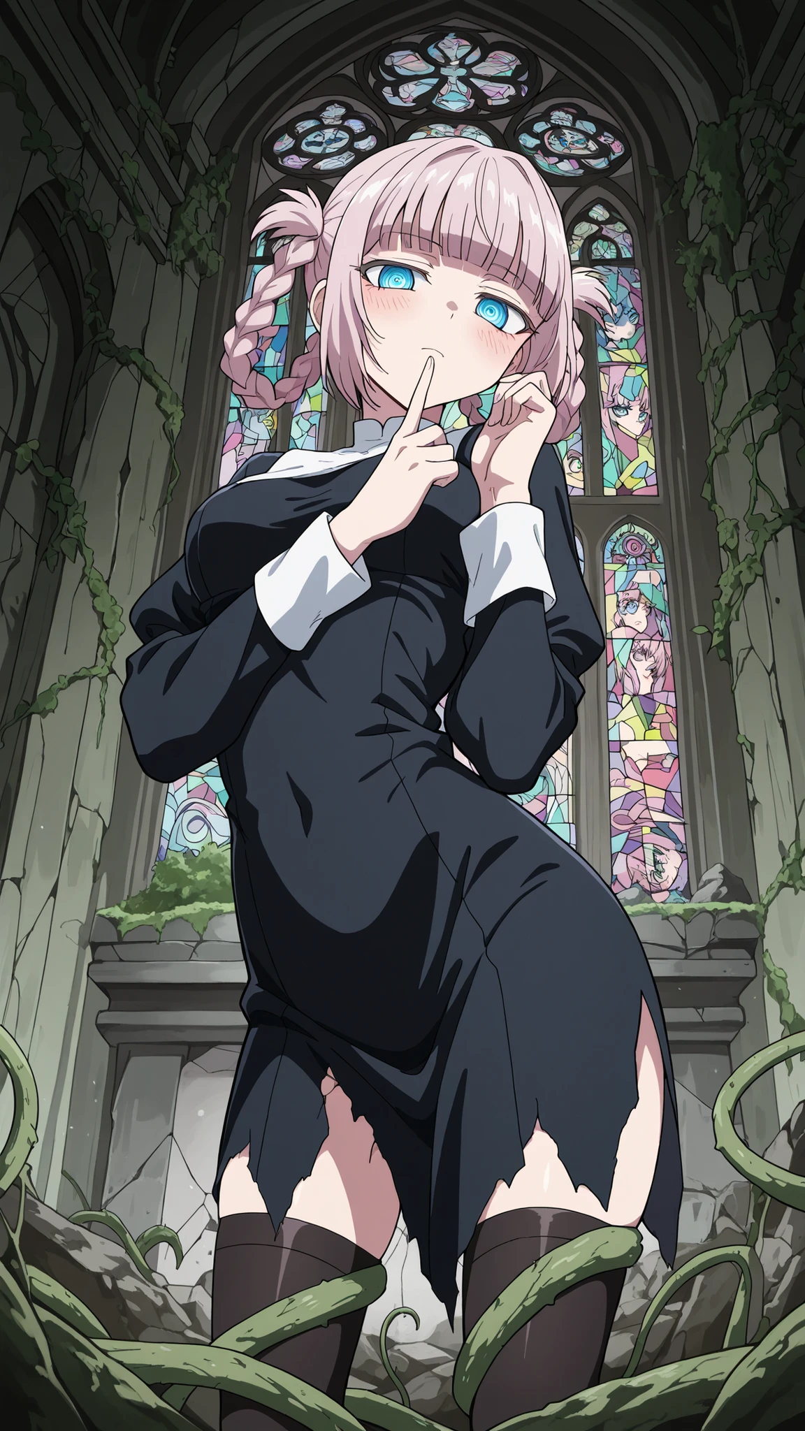 BREAK (masterpiece:1.2), best quality, high resolution, unity 8k wallpaper, (illustration:0.8), (beautiful detailed eyes:1.6),vabandoned church interior overtaken by nature, no humans, moss-covered wooden pews, vines growing through cracked stone walls, shattered stained glass scattering colored light, ancient altar in decay, quiet forgotten ruin, nature reclaiming sacred space,blush, expression,floating hair, nazuna nanakusa, short hair, bangs, blue eyes, pink hair, braid, blunt bangs, hair rings, ringed eyes,,nun uniform,black thighhighs,cleavege,сowboy shot,looking at viewer,serious face,seductive pose,standing in middle,serious face,arched back,from below,