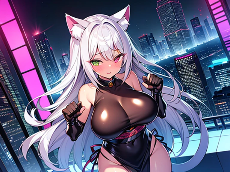 (Cool policewoman.Well-formed face.Tall.A very muscular, thin body.Beautiful six pack abs.Big eyes.Beautiful blue eyes.White Hair.Boyish medium-long hair with a center part.I can see your forehead.Heavy eye makeup.Dark lipstick.Tight waist.Very large breasts.Very large breastsの谷間.Beautiful pale pink areola.Firm skin).(A small, see-through white leotard.Nipples are visible.Black leather boots with lots of belts.Cat Ears).(Skyscraper rooftop.Futuristic City.Late Night.I can see the city at night.sitting on a marble chair.With legs apart.My hair is blowing in the wind.Smiling thinly.Sticking out tongue)Perfect Face.Accurate human body.Accurate 5 fingers.High resolution.Full body image