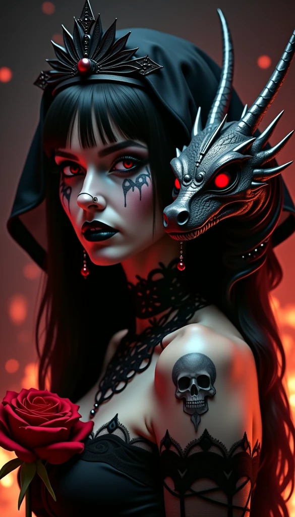 Horror, skellet, under water art, mermaid, black hair, red kraken behind the mermaid, dark background