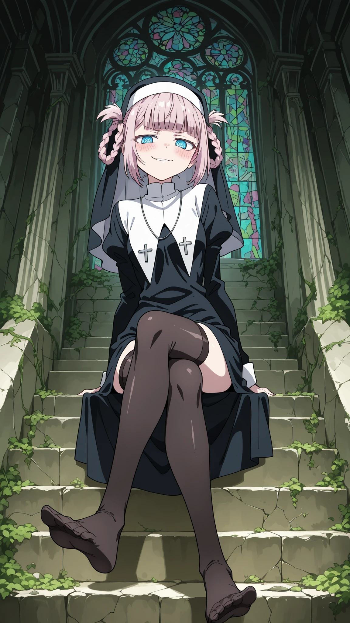 BREAK (masterpiece:1.2), best quality, high resolution, unity 8k wallpaper, (illustration:0.8), (beautiful detailed eyes:1.6),vabandoned church interior overtaken by nature, no humans, moss-covered wooden pews, vines growing through cracked stone walls, shattered stained glass scattering colored light, ancient altar in decay, quiet forgotten ruin, nature reclaiming sacred space,blush, expression,floating hair, nazuna nanakusa, short hair, bangs, blue eyes, pink hair, braid, blunt bangs, hair rings, ringed eyes,,nun uniform,black thighhighs,cleavege,сowboy shot,looking at viewer,serious face,seductive pose,standing in middle,horny face,seductive smirk,sitting on stairs,front photo,cross legs,feet,from below,