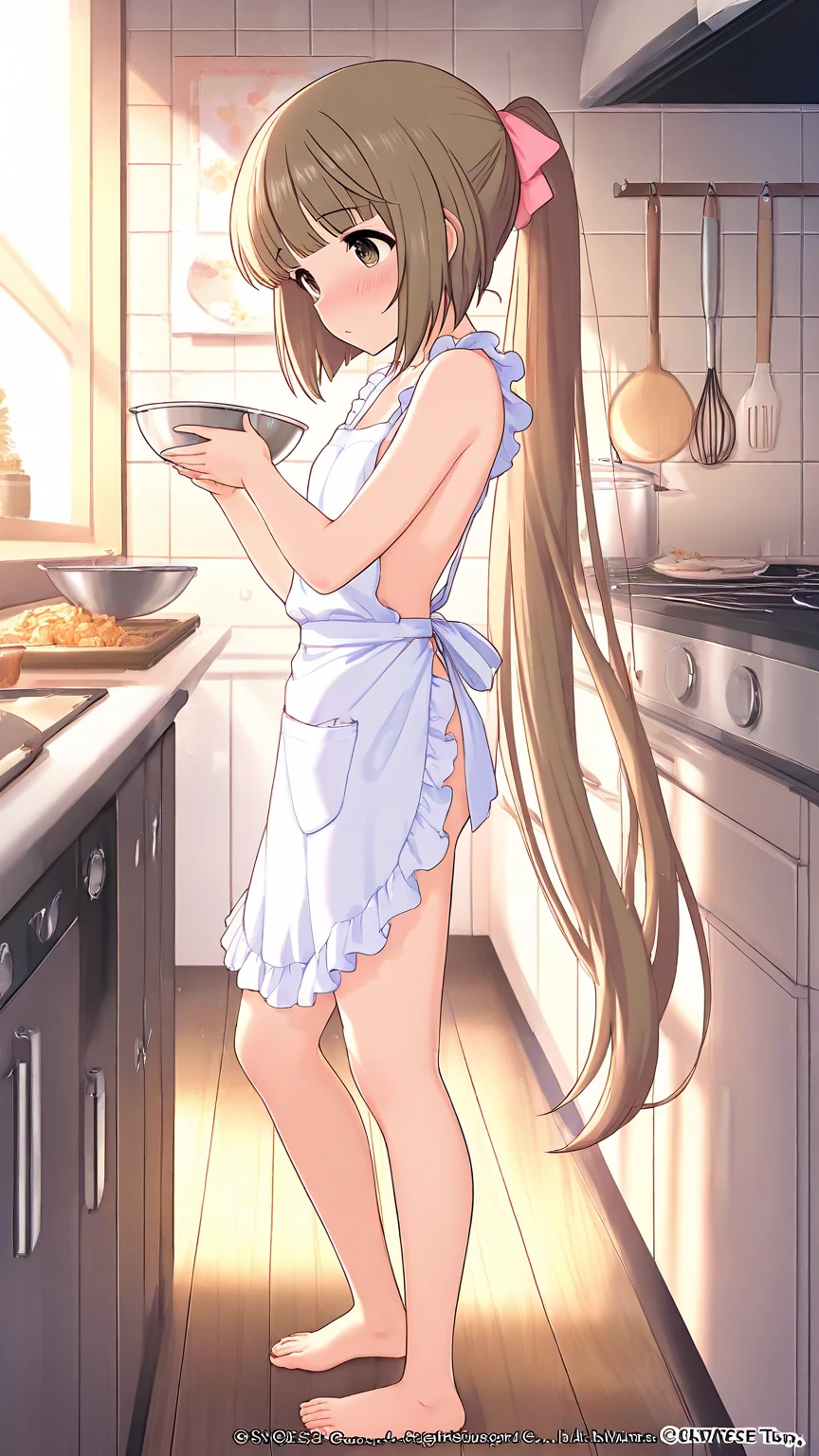 Female; long dark blonde hair; brown eyes; nude; kitchen counter; wet pussy; sexual position; masturbating