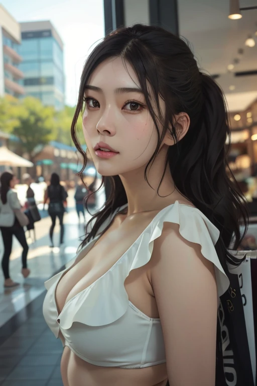 1 girl , big long hair, Bun hairstyle, Upper Body, Close-up photo, facing the camera, D cup breasts, There is a round protrusion on the chest, angry, Disdain,  rain , Street View.