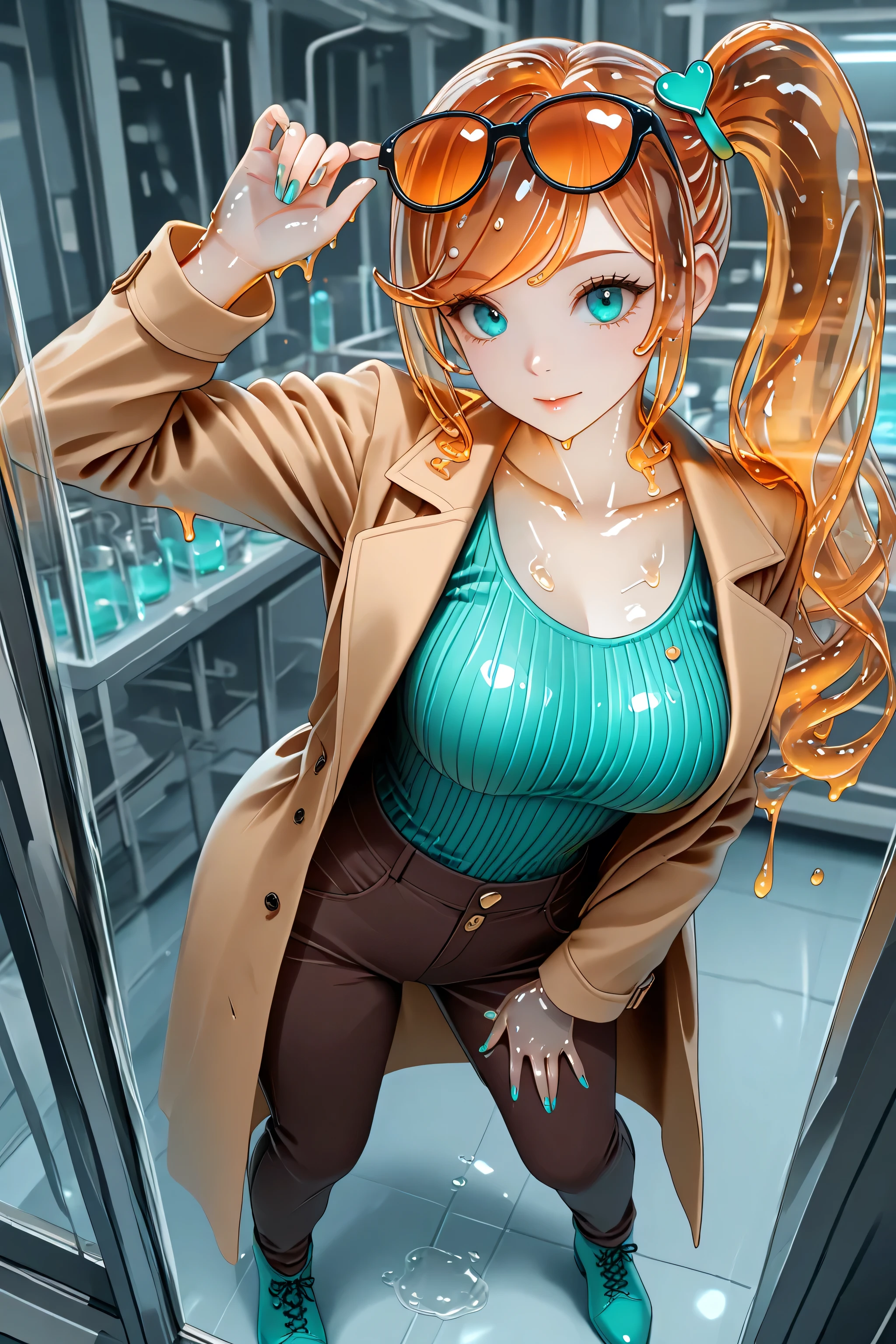 aqua footwear, aqua nails, aqua shirt, brown coat, brown jacket, coat, collarbone, eyewear on head, jacket, long sleeves, orange-tinted eyewear, pants, ribbed shirt, shirt, sunglasses, tinted eyewear,,pokemonsonia, aqua eyes, heart, heart hair ornament, long hair, long sleeves, orange hair, side ponytail, swept bangs,,3DMM,transparent face,transparent body,transparent hair,transparent head,melting extremely,slimification,transformed, sexy adult woman melting, masturbating:1.0, beautiful hair, sexy eyes, extremely detailed, amazing quality, ultra detailed, perfect detail, uncommon angle, dynamic pose, uncommon perspective, scenery, science laboratory