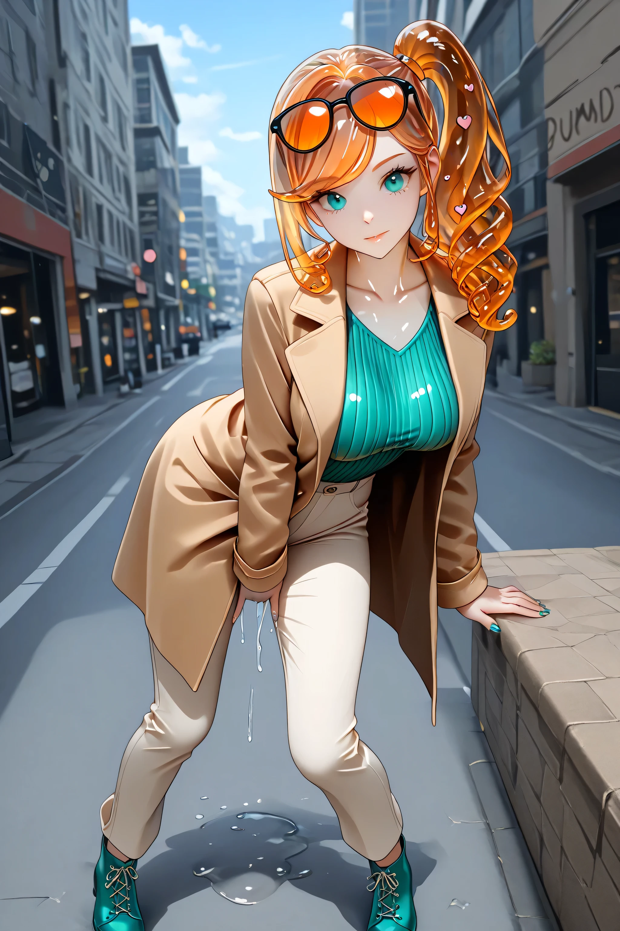 aqua footwear, aqua nails, aqua shirt, brown coat, brown jacket, coat, collarbone, eyewear on head, jacket, long sleeves, orange-tinted eyewear, pants, ribbed shirt, shirt, sunglasses, tinted eyewear,,pokemonsonia, aqua eyes, heart, heart hair ornament, long hair, long sleeves, orange hair, side ponytail, swept bangs,,3DMM,transparent face,transparent body,transparent hair,transparent head,melting extremely,slimification,transformed, sexy adult woman melting, masturbating:1.0, beautiful hair, sexy eyes, extremely detailed, amazing quality, ultra detailed, perfect detail, uncommon angle, dynamic pose, uncommon perspective, scenery,