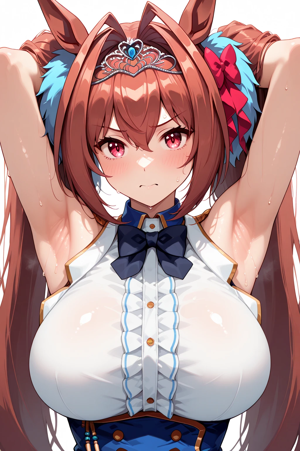 genshin_impact nilou_(genshin_impact) absurdres highres revision 1girl alternate_costume blue_eyes blue_ribbon blunt_bangs breasts cleavage closed_mouth contrapposto cowboy_shot crop_top fake_horns hair_ribbon holding holding_hair horns jewelry long_hair looking_at_viewer low_twintails medium_breasts necklace panties parted_bangs puffy_short_sleeves puffy_sleeves red_hair ribbon short_sleeves sidelocks simple_background smile solo twintails underwear very_long_hair white_background white_panties nipples sex from behind