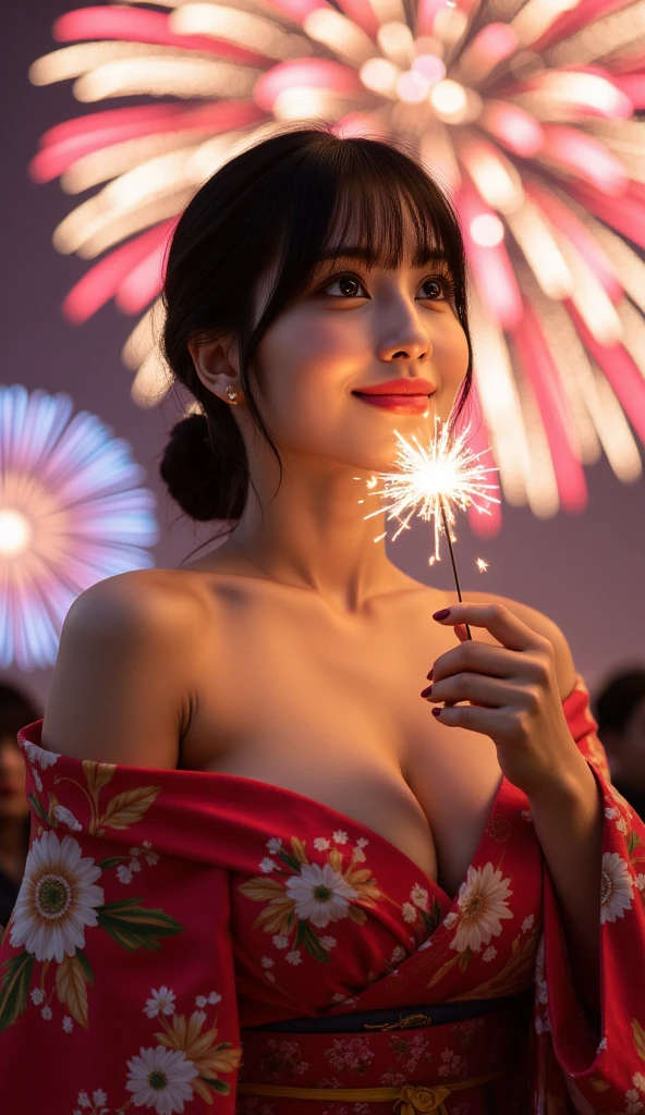 Ulzzang-6500-v1.1, (RAW Photos:1.2), (Photorealistic), Beautiful detailed girl, (Genuine: 1.4), Very detailed目と顔, ((Red floral yukata;1.3))、((Fireworks in the background:1.2)), Self Snap, Instagram、game_Ticker, Large file size, High resolution, Very detailed, highest quality, [masterpiece:1.6], Awareness-raising, Very detailed, Hmph, finely, highest quality, 8k wallpaper, Cinema Lighting, 1 girl, 17 years old, Perfect figure, Cute droopy eyes、Beautiful big eyeball)), highest quality, eye shadow,  Portraiture, ((Full Body Shot:1.4))、(A very loving smile:1.2)、Realistic skin texture、Shiny skin、、((Sexual Panties:0.9))、((Spread your legs wide:1.5))、((Boyfriend and girlfriend having ??? in missionary position:1.5))、((POV:1.5))、((Half breast exposed:0.9))、