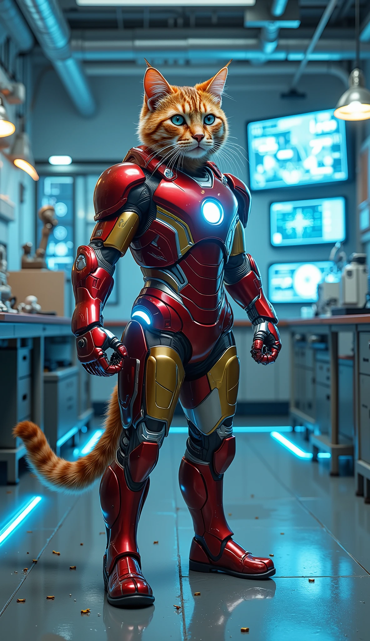A heroic and futuristic-looking cat standing in a bold, confident pose inside a high-tech electronics science laboratory. The cat is wearing a custom-built Iron Man suit designed to fit its feline form — a sleek, metallic red and gold armor with detailed, jointed plating and glowing blue energy lines running along the limbs and torso. The chest features a circular arc reactor that emits a soft, pulsing blue light. The helmet is angular with sharp design lines and cat-shaped ears molded into the top, with glowing blue eyes that give it a powerful, intelligent expression. The suit is highly detailed, with visible plating seams, energy conduits, and small jet thrusters on the back and paws.
The cat’s stance is dynamic and heroic — one leg forward, chest slightly out, head tilted upward with determination. Its tail, armored and segmented, curves gracefully behind for balance. The cat's metallic paws grip the ground lightly, and the armor reflects the ambient lab lighting with a polished chrome effect.
The background is a cutting-edge electronics science lab, filled with advanced technology. The walls and ceilings are made of clean white and brushed steel panels. Large transparent glass partitions separate work zones. Numerous glowing blue and white digital screens float mid-air, displaying 3D holographic schematics, DNA strands, circuit diagrams, and real-time data streams. Workstations are cluttered with futuristic tools, robotic limbs, microchips, and mechanical prototypes. Robotic arms and scanning devices hang from the ceiling and tables, creating a sense of continuous innovation and experimentation.
The lab is lit primarily by cool blue and crisp white lights — glowing from ceiling panels, under-desk lighting, and interactive touch displays. Soft fog and floating dust particles in the air subtly catch the light, adding realism. Blue LED floor strips guide paths between stations. The lighting reflects beautifully off the cat’s armor, creating cinematic highlights