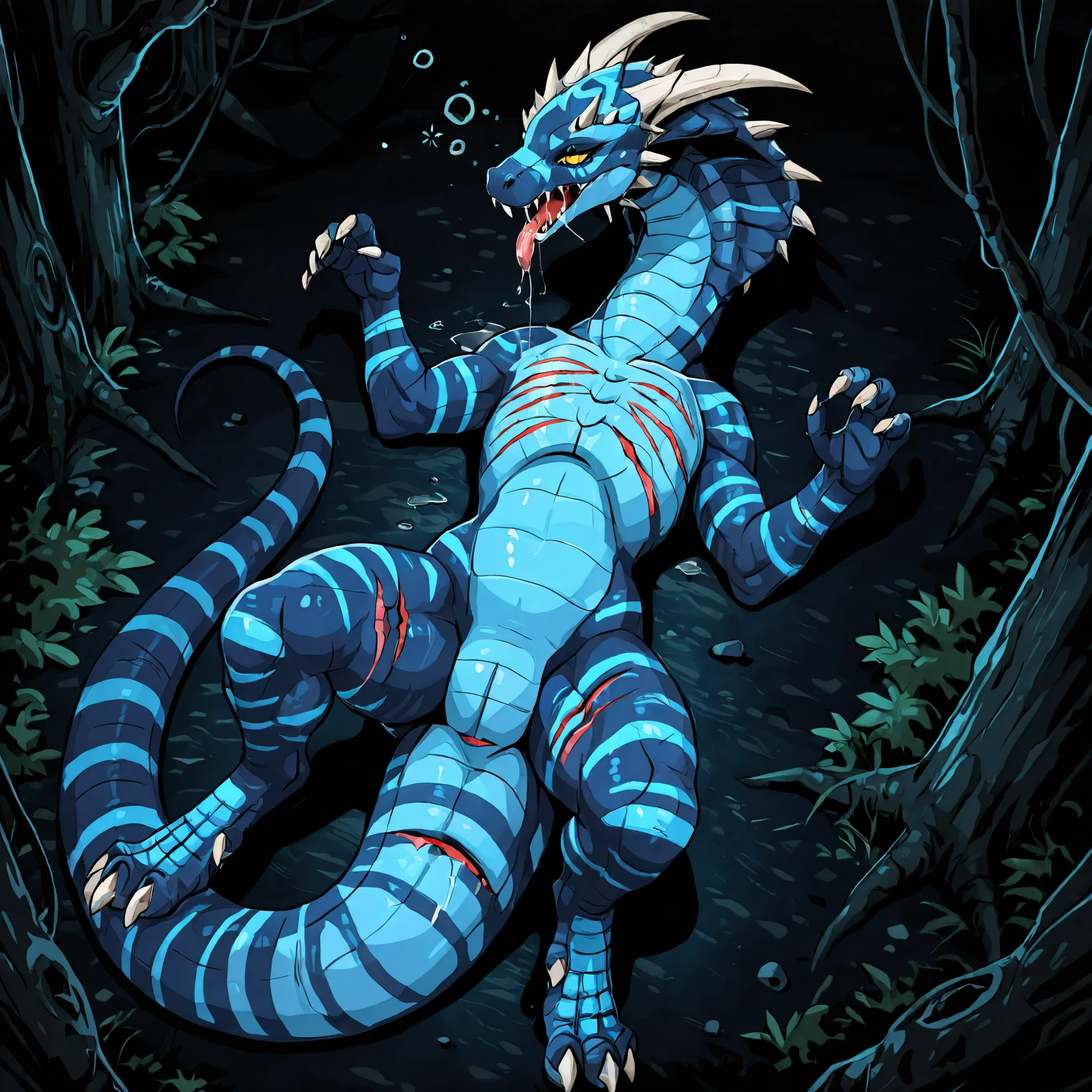 (Solo:5.5), masterpiece, best quality, anime style, anime shading, full body picture, centered, dinosaur, (cobra), monstrous body shape, feral, 1girl, (vertigo), yellow eyes, striped body, dark blue scaled body, (claws), white claws, (horns:1.2), fangs, digitigrade legs, (in a forest), (at night), (dark background),  (injured leg), (injured thigh), (injury), (injured), (claw marks), (bleeding), (saliva), ((laying on the ground)), ((laying on their back)), ((exhausted, tired)), (supine), (view from above),