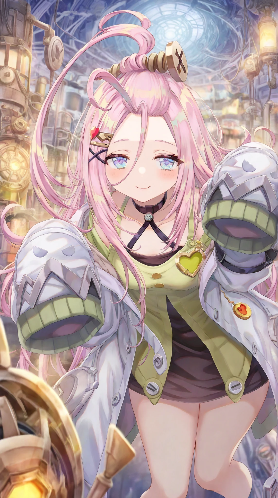 score_9, Score_8_up, Score_7_up, Score_6_up, Score_5_up, Score_4_up, Source_authentic, masterpiece, best quality, amazing quality, very aesthetic, high resolution, ultra-detailed, absurdres, newest, scenery,(depth of field:1.5),
(super fine illustration,professional quality,ultra high res), beautiful detailed eyes,
(high brightness),
break
aino \(genshin impact\),
pink hair,long hair,hair ornament,white coat,sleeves past fingers,sleeves past wrists,blue eyes,
coat,very long hair,long sleeves,dress,closed mouth,hairclip,heart,choker,blush,ahoge,
torino_aqua,((extremely detailed background)), Lots of elements in background,((super-detailed background)),Factory, Cute robot, Mechanical workshop, ((8K wallpaper)),
1girl,
cheerful smile, Glossy eyes, Animated, Seductive, Erotic, Glossy skin Thighs, Sexy, ideal ratio body proportions,
(Cute Illustration: 1.3), (High Saturation: 1.3), Cute face and eyes, Dynamic lighting,
stylish, random pose, looking at viewer, (Dynamic lighting: 1.2),