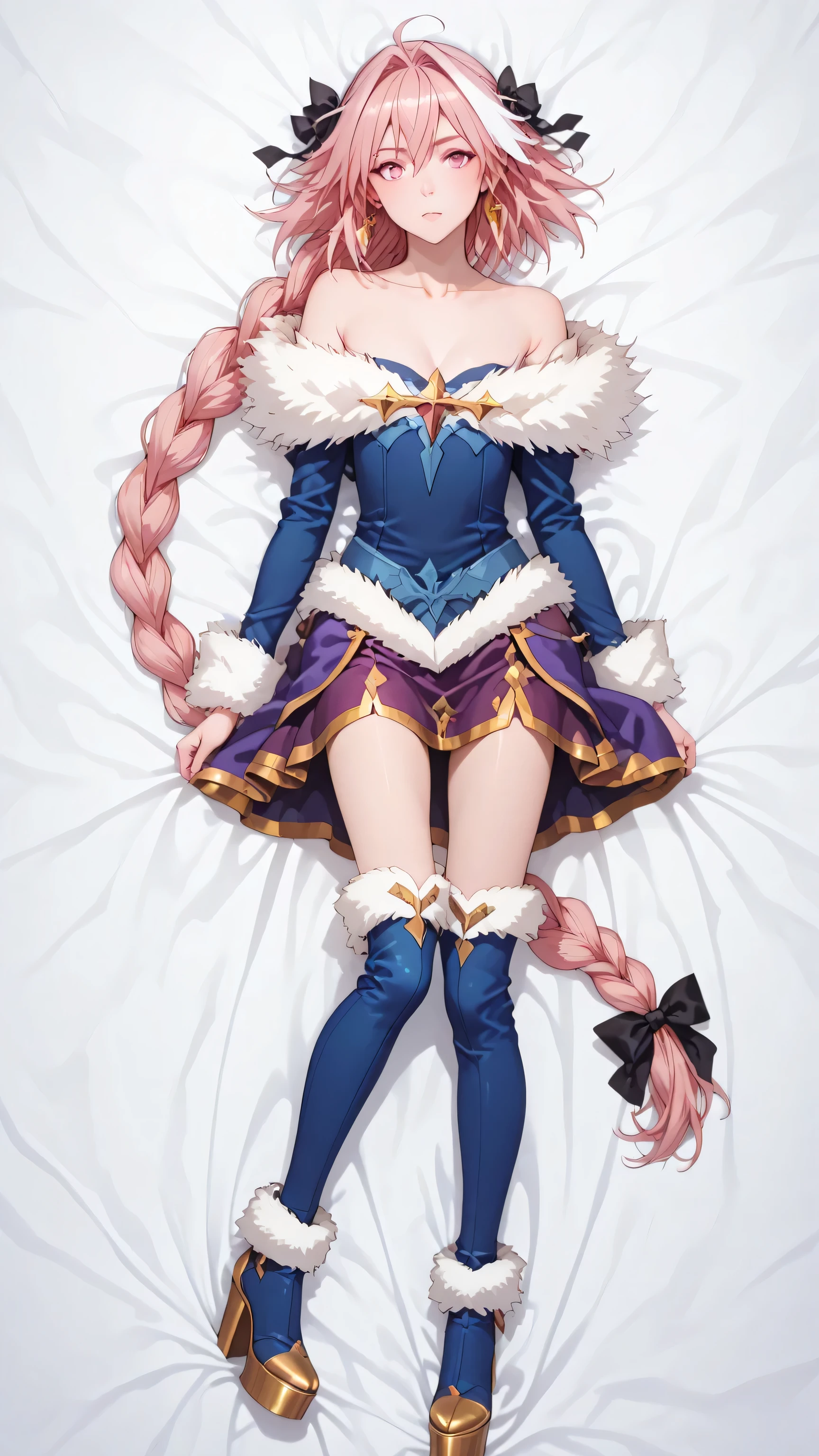 bare shoulders, collarbone, jewelry, fur trim, blue dress, long sleeves, cleavage, off shoulder, purple skirt,pointy ears, single horn, , earrings ,astolfo, long hair, pink eyes, hair ribbon, pink hair, braid, ahoge, white hair, male focus, multicolored hair, streaked hair, single braid, otokonoko, long braid, blue thigh high boots, platform heels, full body, masterpiece, dakimakura, high resolution,