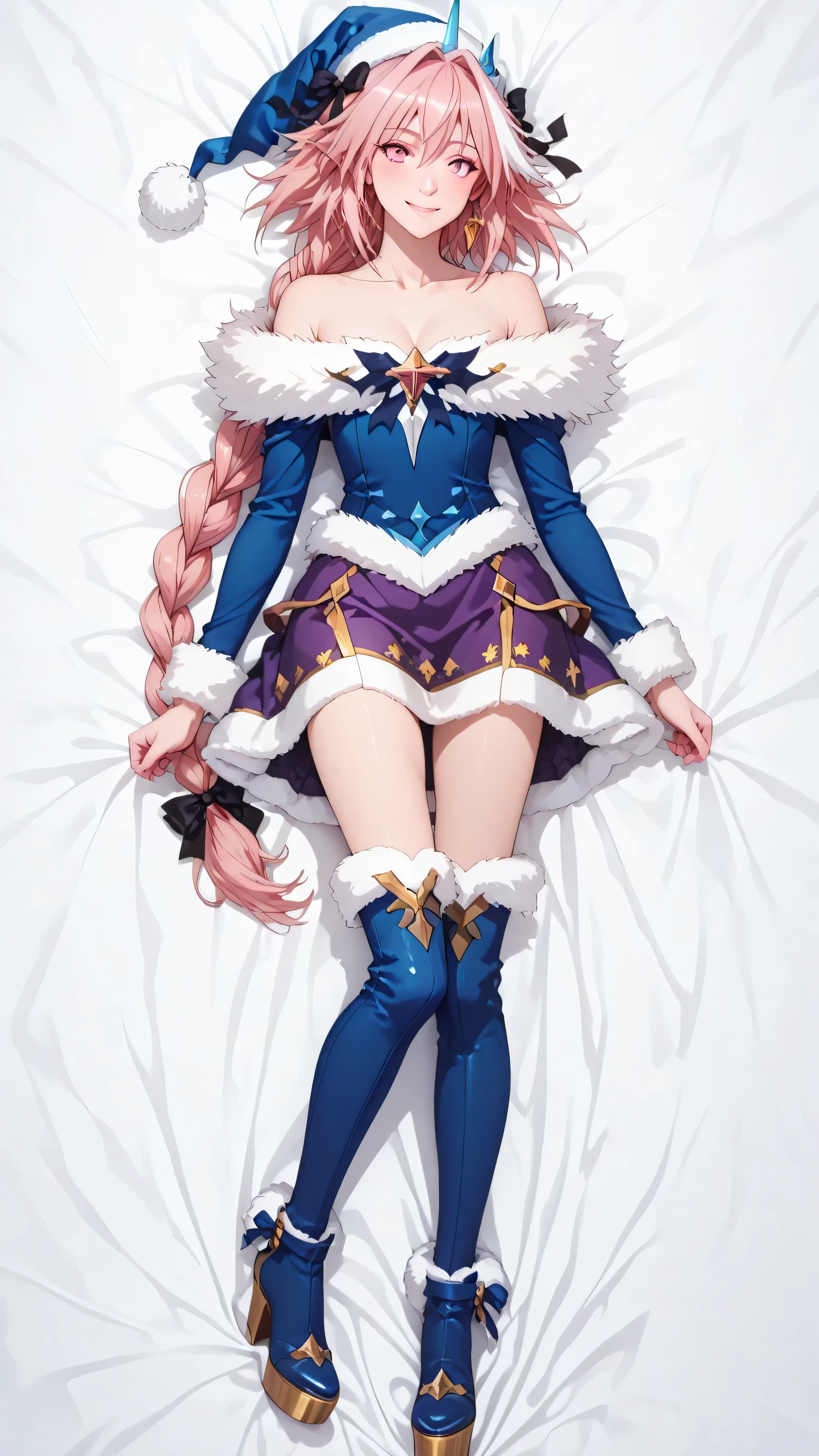 bare shoulders, collarbone, jewelry, fur trim, blue dress, long sleeves, cleavage, off shoulder, purple skirt,pointy ears, single horn, , earrings ,astolfo, long hair, pink eyes, hair ribbon, pink hair, braid, ahoge, white hair, male focus, multicolored hair, streaked hair, single braid, otokonoko, long braid, blue thigh high boots, platform heels, full body, masterpiece, dakimakura, high resolution, blue santa hat, blush, smile, happy