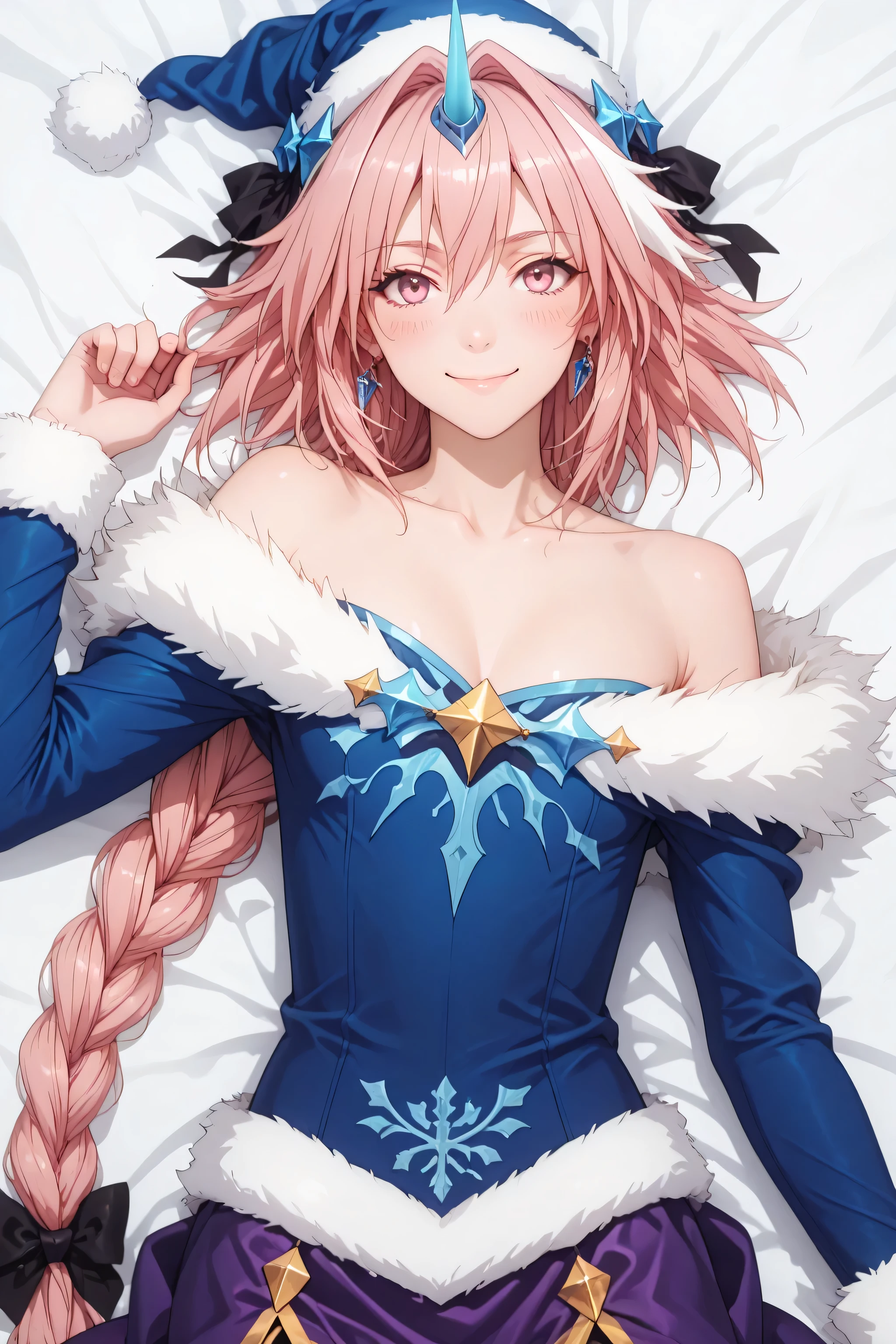 bare shoulders, collarbone, jewelry, fur trim, blue dress, long sleeves, cleavage, off shoulder, purple skirt, pointy ears, single horn, earrings ,astolfo, long hair, pink eyes, hair ribbon, pink hair, braid, ahoge, white hair, male focus, multicolored hair, streaked hair, single braid, otokonoko, long braid, face only, high quality facial features, masterpiece, dakimakura, high resolution, on bed, on back, looking at viewer, blue santa hat, blush, smile, happy